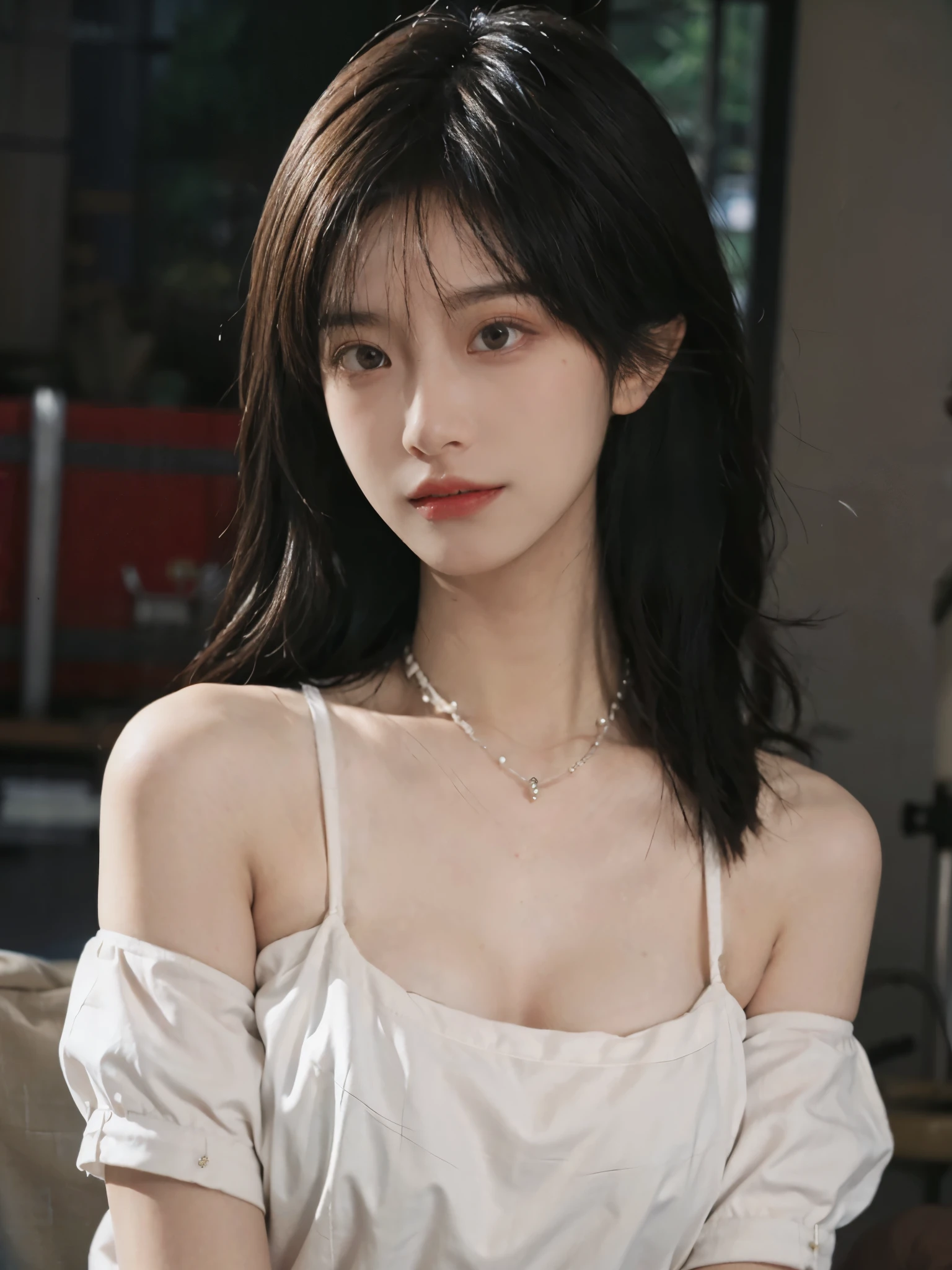 Film portrait photography, 1 girl, bare shoulders,lipstick，（flat chest：1.4）， Shoulder length wavy hair, wear necklace，earrings，short sleeves，serene, calm, (Realistic and detailed eyes, natural skin texture, Realistic facial details), Soft dramatic lighting, depth of field, Bokeh, big breasts，Areola，split，cleavage，Vibrant details, Detailed and detailed, surreal, 35mm film, hazy, ,
