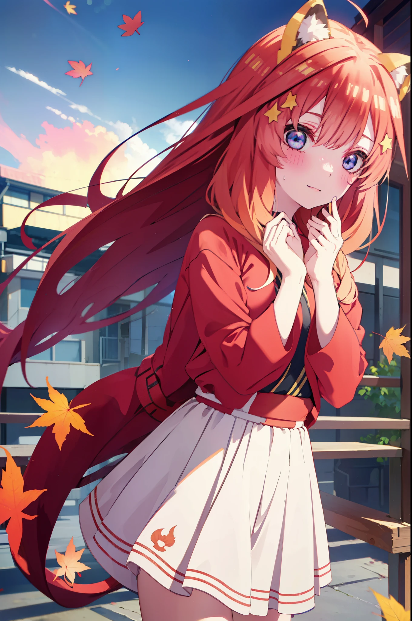 itsukinakano, itsuki nakano, bangs, blue eyes, hair between eyes, Ahoge, redhead, star \(symbol\), short braided hair,hair ornaments, star hair ornaments,smile,blush,animal ears raccoon ears,animal tail Tanuki tail,red hoodie,white long skirt,Cute Sandals,autumn leaves,whole bodyがイラストに入るように,
break outdoors, garden,
break looking at viewer,whole body,(cowboy shot:1.5),
break (masterpiece:1.2), highest quality, High resolution, unity 8k wallpaper, (shape:0.8), (beautiful deしっぽed eyes:1.6), extremely deしっぽed face, perfect lighting, extremely deしっぽed CG, (perfect hands, perfect anatomy),