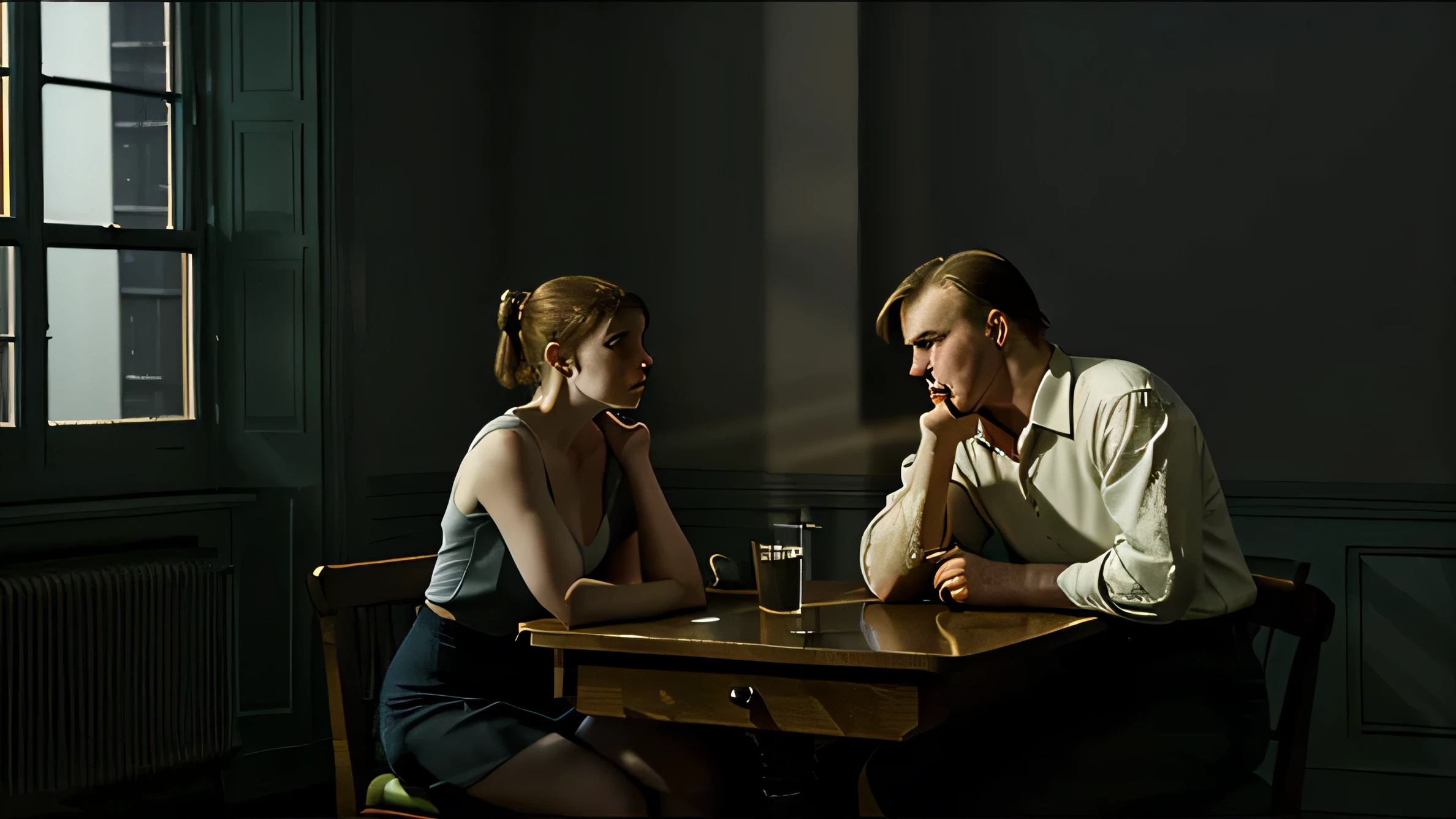 edward hopper style, man and woman at a table, night time, very large dark room