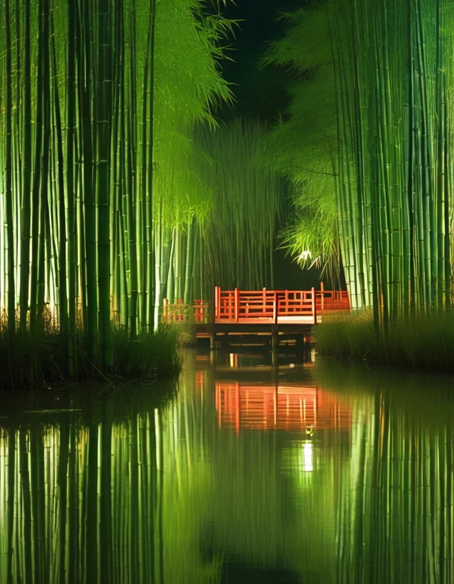 In the evening, a pond in the emerald green bamboo forest, the night rain gently caresses the pond water surface, causing ripples, as if echoing the ripples in the hearts of the ancients. There is a small theater in the middle of the pond, an ancient qin on the stage, as if talking about a thousand years of elegance, red brick and green tiles of the ancient dwellings reflected in the pond, like an ancient painting in the landscape.
