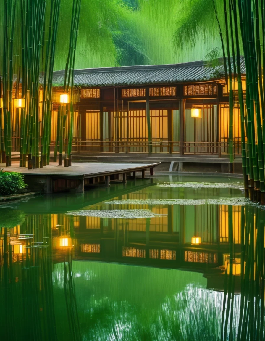 In the evening, a pond in the emerald green bamboo forest, the night rain gently caresses the pond water surface, causing ripples, as if echoing the ripples in the hearts of the ancients. There is a small theater in the middle of the pond, an ancient qin on the stage, as if talking about a thousand years of elegance, red brick and green tiles of the ancient dwellings reflected in the pond, like an ancient painting in the landscape.