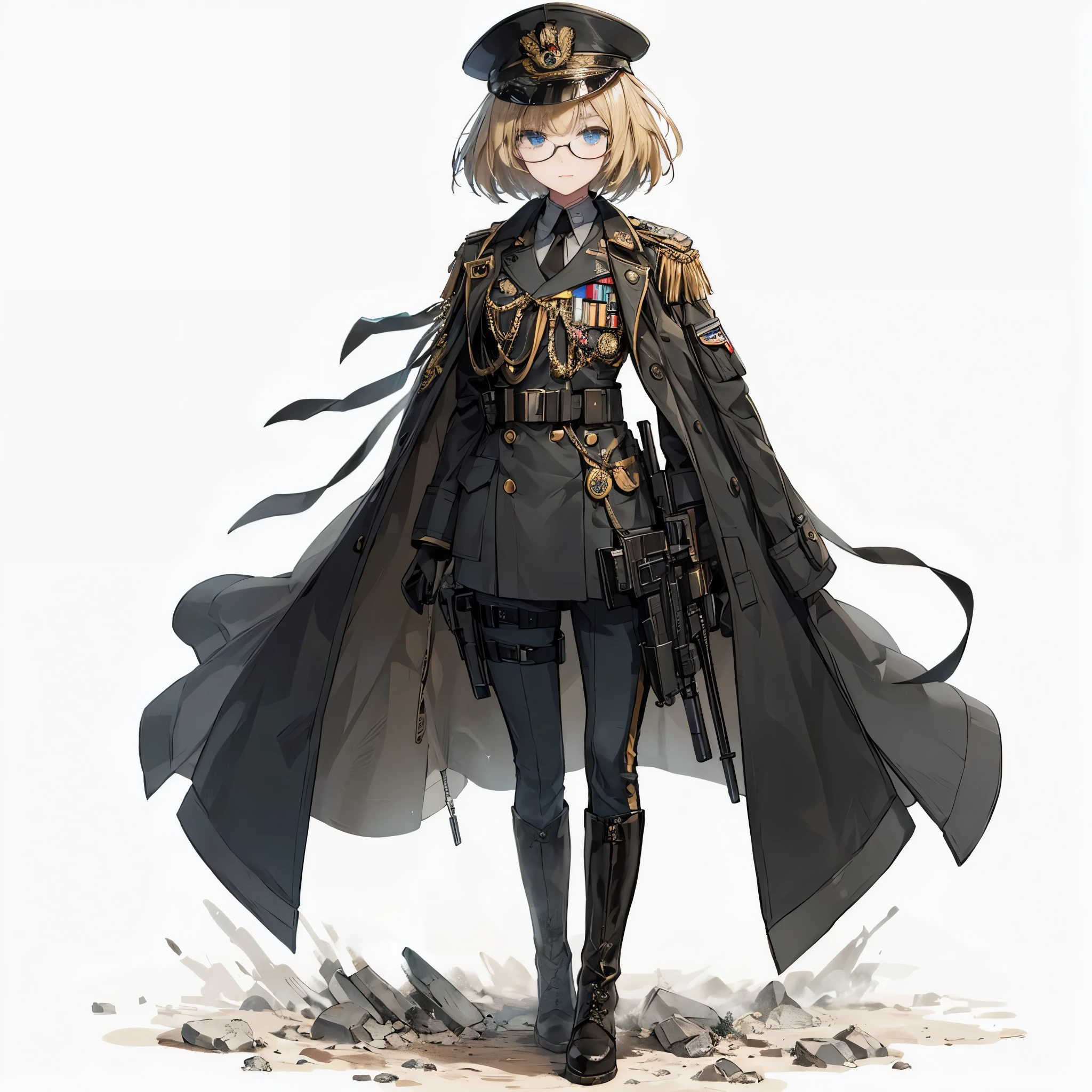 (masterpiece, Best Quality), (detailed hairs), Ultra-detailed, Anime style, Full body, Solo, cyberpunk high officer girl, short blond hair with bob cut, blue eyes, thick glasses, military hat and unadorned military coat, Military uniform decorated with medals, wearing long boots, standing on wasted land, 8k high resolution, white background, whole body,
