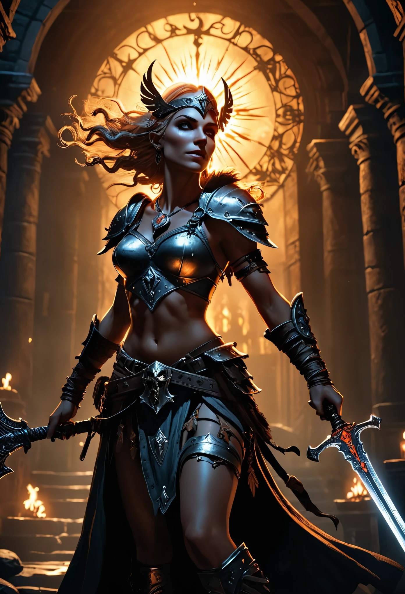 (realistic:1.2), image of the Darkest Dungeon, designed with a high level of detail and glossy finish, almost hyper-realistic quality, typical for fantasy art. goddess of war valkyrie, dancing with a sword, play of shadows and sun rays, An epic masterpiece, Cinematic experience, 8 k, digital art fantasy, HDR, UHD. This contrast between a fantastic character and incredible beauty, elements give the work an intriguing narrative quality. Highly stylized. depth of field, bokeh effect, with backlight, stylish, elegant, Breathtaking, visually rich, A masterpiece full body shot.