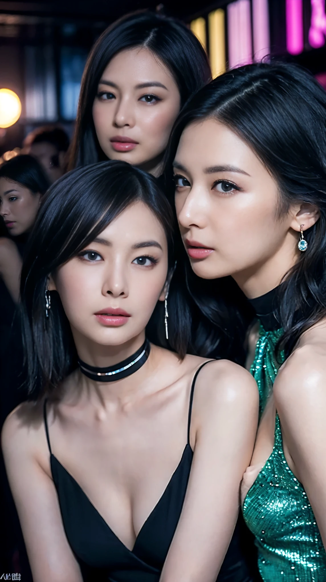 (masterpiece, highest quality, 8K, sharp focus, Depth of the bounds written, best shadow, perfect light, HDR, realistic skin texture, ultra-be familiar with background, be familiar with), anime style, two women kissing (one of them has green eyes, white skin, black hair ponytail, choker, small breasts, slim, compensate, eyeliner, Sparkling), (The other woman has blonde hair.), at the nightclub, cyberpunk theme,  cyberpunk city.