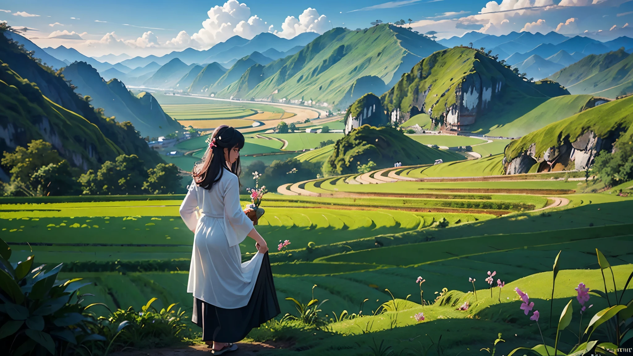 ((A beautiful picture depicting a Vietnamese hometown)), The focus of the scene is on a field with steps leading up to a staircase. In the field, there are Vietnamese farmers working diligently. The atmosphere is filled with the warm glow of beautiful sunshine, creating a cinematic lighting effect. The image is captured using a Sony FE GM lens, which ensures high-quality visuals. The composition of the image is a wide shot, showcasing the vastness and beauty of the landscape.  capturing the essence of everyday life. The level of detail in this artwork is exceptionally high, allowing for a realistic and immersive experience. The color palette is vibrant and vivid, enhancing the visual impact. (Asia), ((Vietnam)), ((Vietnam's traditional Ao Dai)), (beautiful Vietnamese women), water buffaloes, ((rice farm)) 