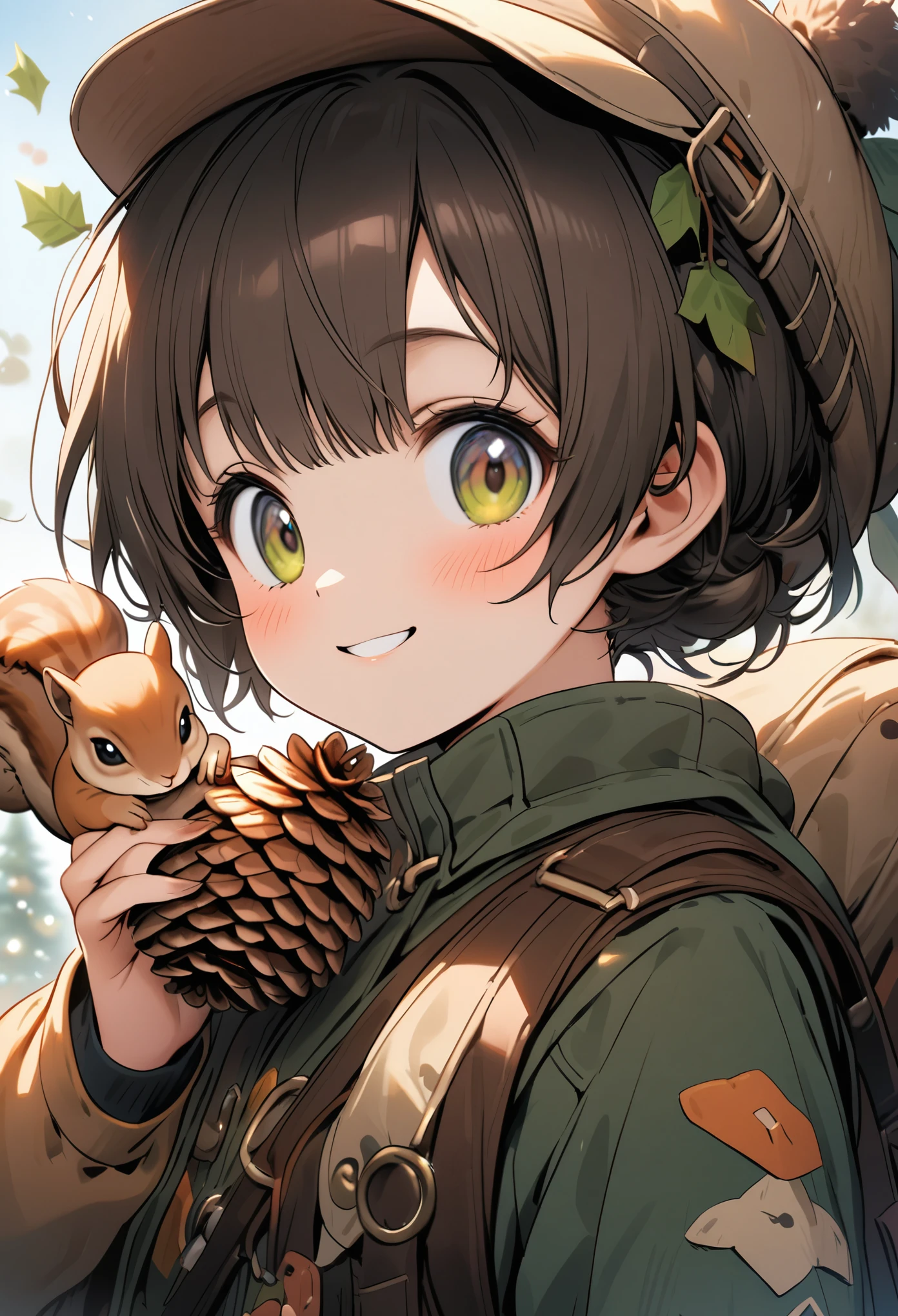 A squirrel carried home with a pinecone with a cheerful expression,