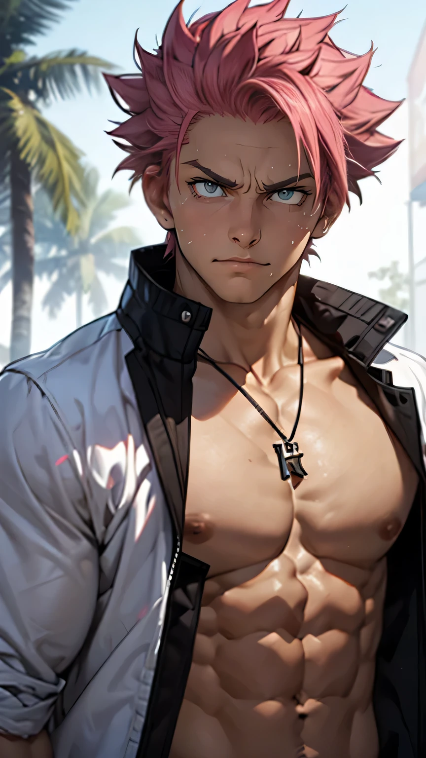 (Upper body photo) 25-year-old pink-haired nobleman in a white jacket without a shirt with an e of determination on his face. surrounded by a slight white glow, jacket it is partially transparent itself and the surroundings can be seen through it. The whole upper body in the shot. Fireworks as a background. Ultra realistic image, muscles,. Natsu Dragneel with visible abs and chest and a necklace. Rugged manly face