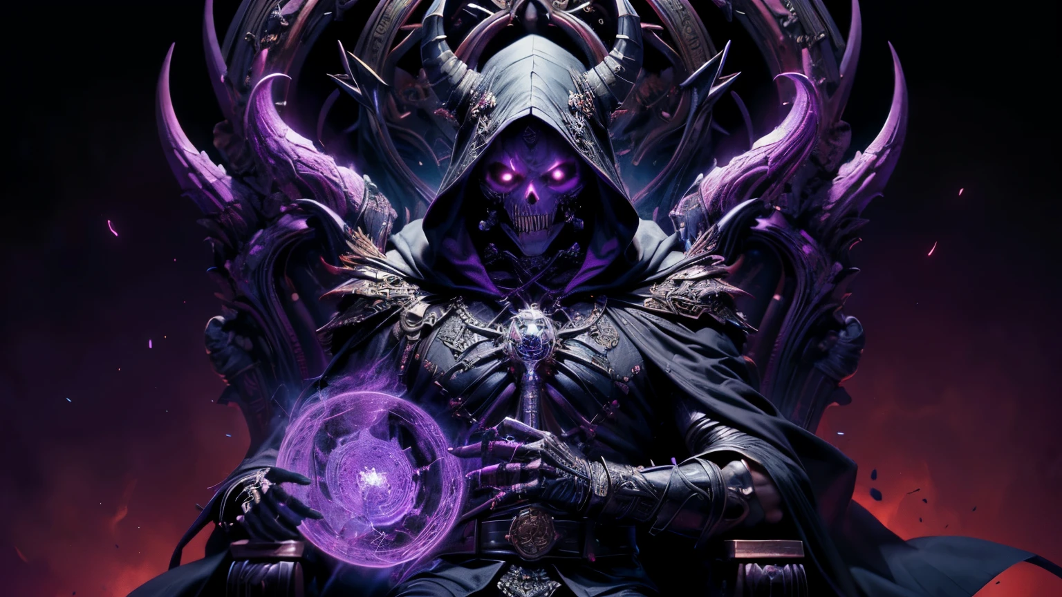 (masterpiece, 最high quality, 最high quality, official art, beautiful:1.2), very detailed, (fractal art, official art, unity 8k wallpaper, super detailed, beautifulally pleasing, high quality, masterpiece, 最high quality, (zentangle, mandala, tangle, entangle), Create impressive artwork featuring edgy male villains, very detailed, surreal, Depth of the bounds written, (1 man), (Limited color palette), (dark purple color palette),best illumination, finely, cigarette, purple cigarette, breathing in purple cigarette, (close), (sit on the throne:1), black hood, skull, skeleton, male focus,robe, hooded, black cloak, skull face, die, soul, breastplate armor, devil, soul reaper, black hood, horned crown, hell burning in the background, dramatic shadow, Commanding stance, Gives off an aura of malice and mystery、captivate the viewer、Intimidating, phenomenal beautiful, gorgeous artwork,