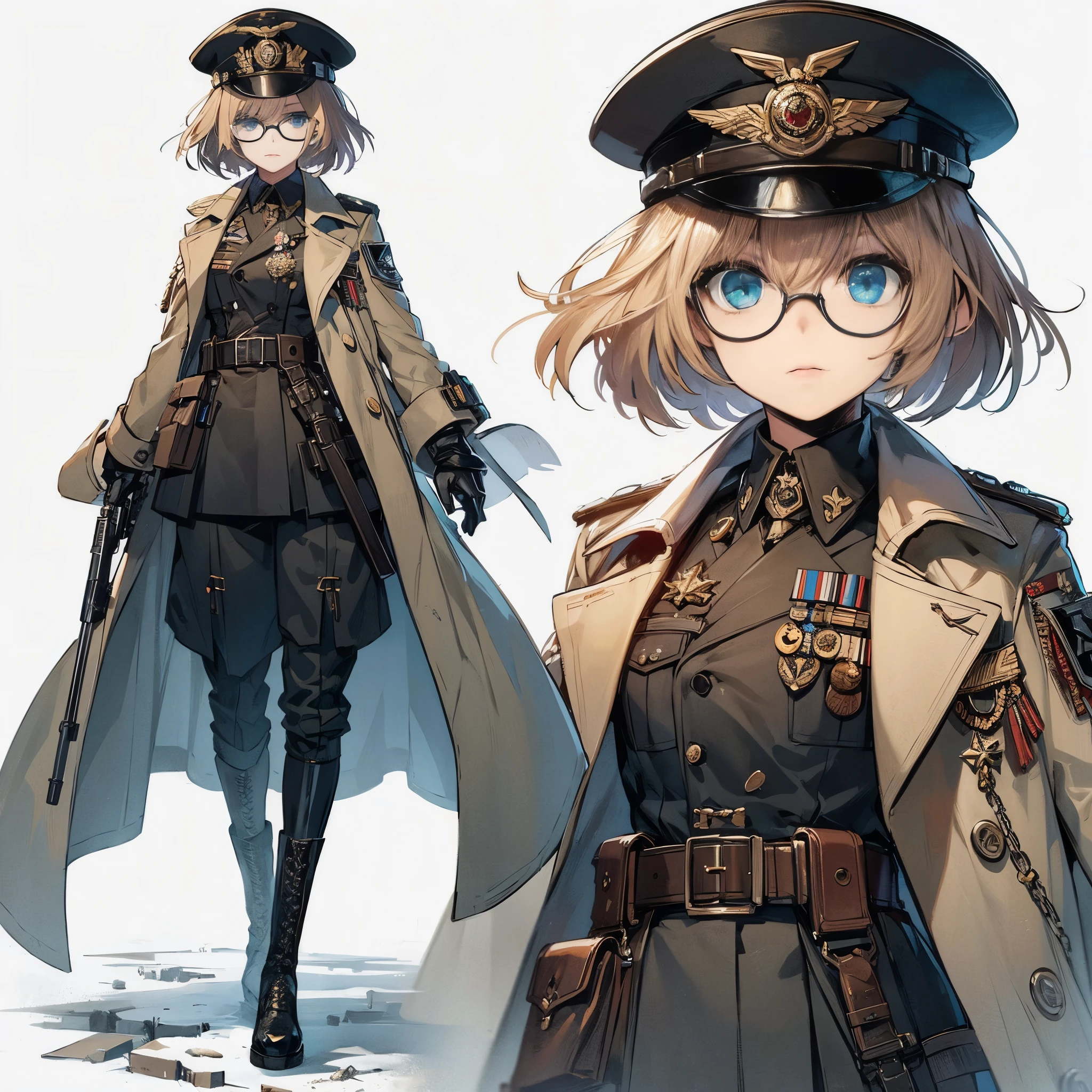 (masterpiece, Best Quality), (detailed hairs), Ultra-detailed, Anime style, Full body, Solo, cyberpunk high officer girl, short blond hair with bob cut, blue eyes, thick glasses, military hat and unadorned military coat, Military uniform decorated with medals, wearing long boots, standing on wasted land, 8k high resolution, white background, whole body,