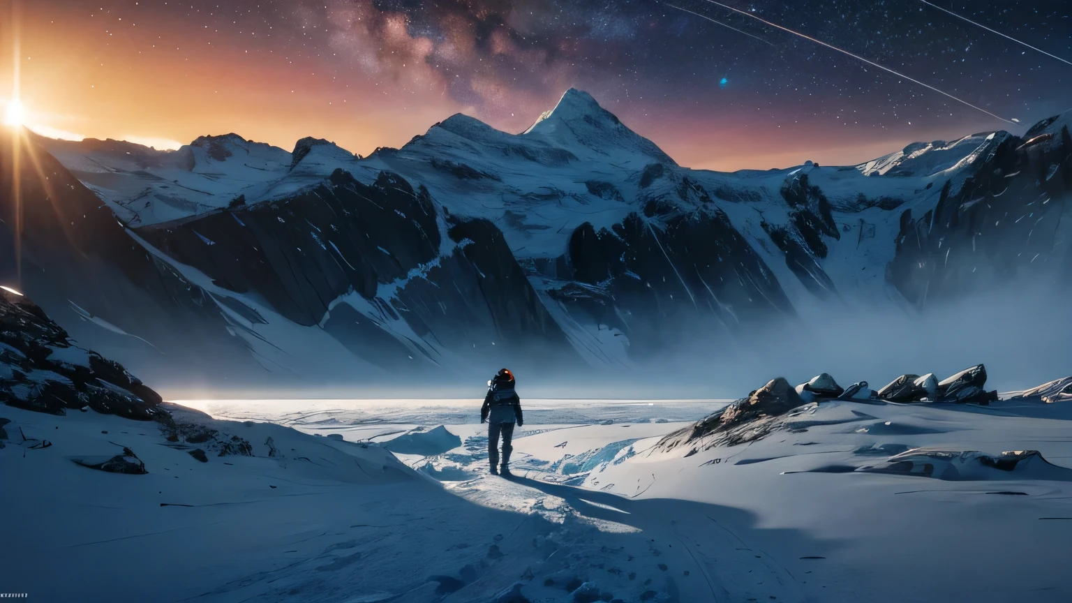 An icy landscape under the glow of an alien sun, with frozen mountains and rocky terrain. Small human with space suit, The sky is clear, showing distant galaxies in the background. A giant ice wall forms on one side of the scene, while another smaller piece floats nearby. In sharp contrast to its cold exterior, it glows warm inside, casting long shadows over its surroundings. in the style of Gabriele Dell'otto --ar 8:5 .4k