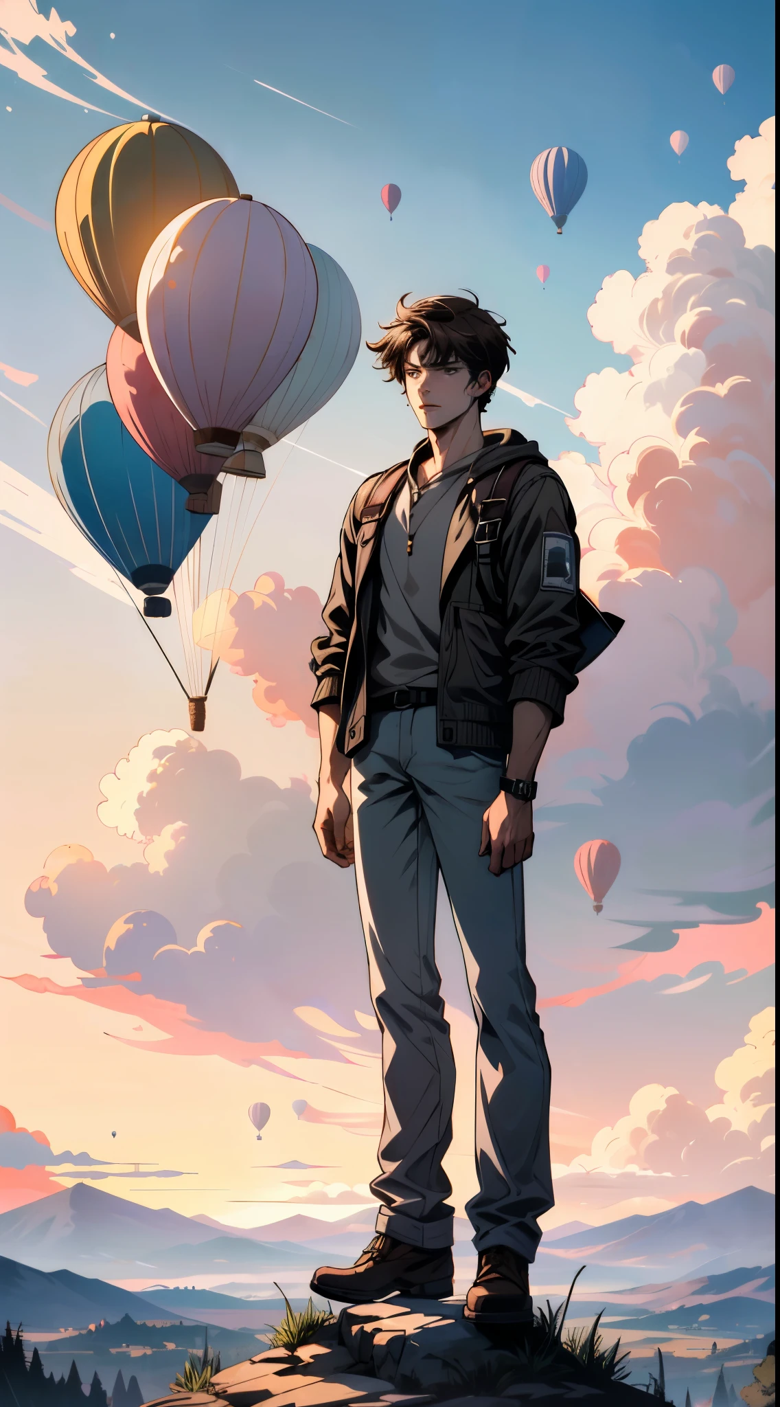 ((ultra detailed, masterpiece, absurdres))
A young men  standing on top of a skycraper, white and pink cloud, hd, 
UncNathan, solo, short hair, brown hair, full body, Pastel-colored Hot Air Balloons in a Clear Sky