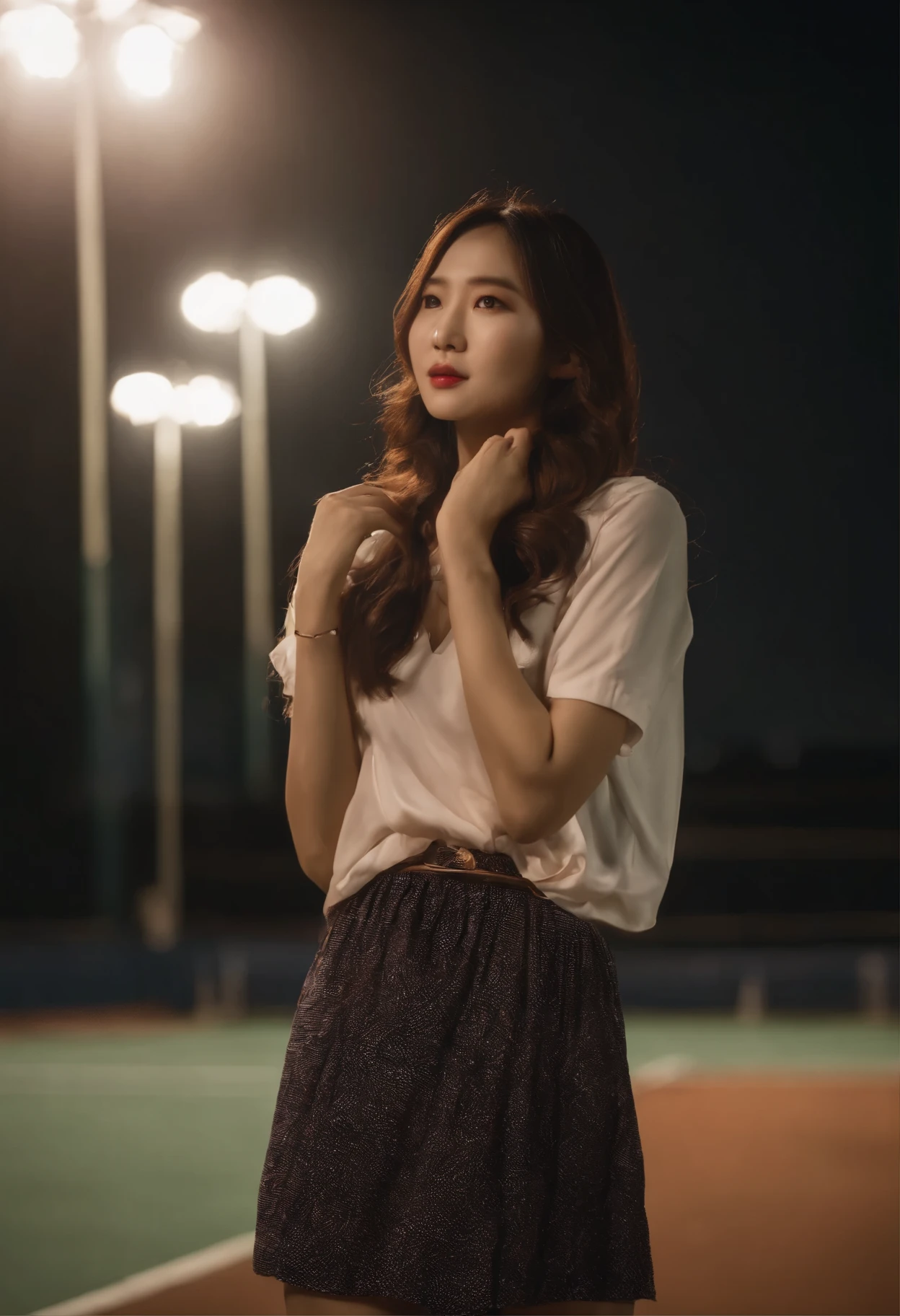 women pictures、（wear tennis、stand out、wear tennis、)good hand、4k-kun、High resolution、muste piece、best quality、of the head：1.3,[hasselblad photography]fine skin、。big breasts、Tits sharp focus、long hair、（cinematic lighting),night time、soft lighting、dynamic angle、[(detailed face 1.2）]Front facing、whole body、（tennis field）beautiful korean