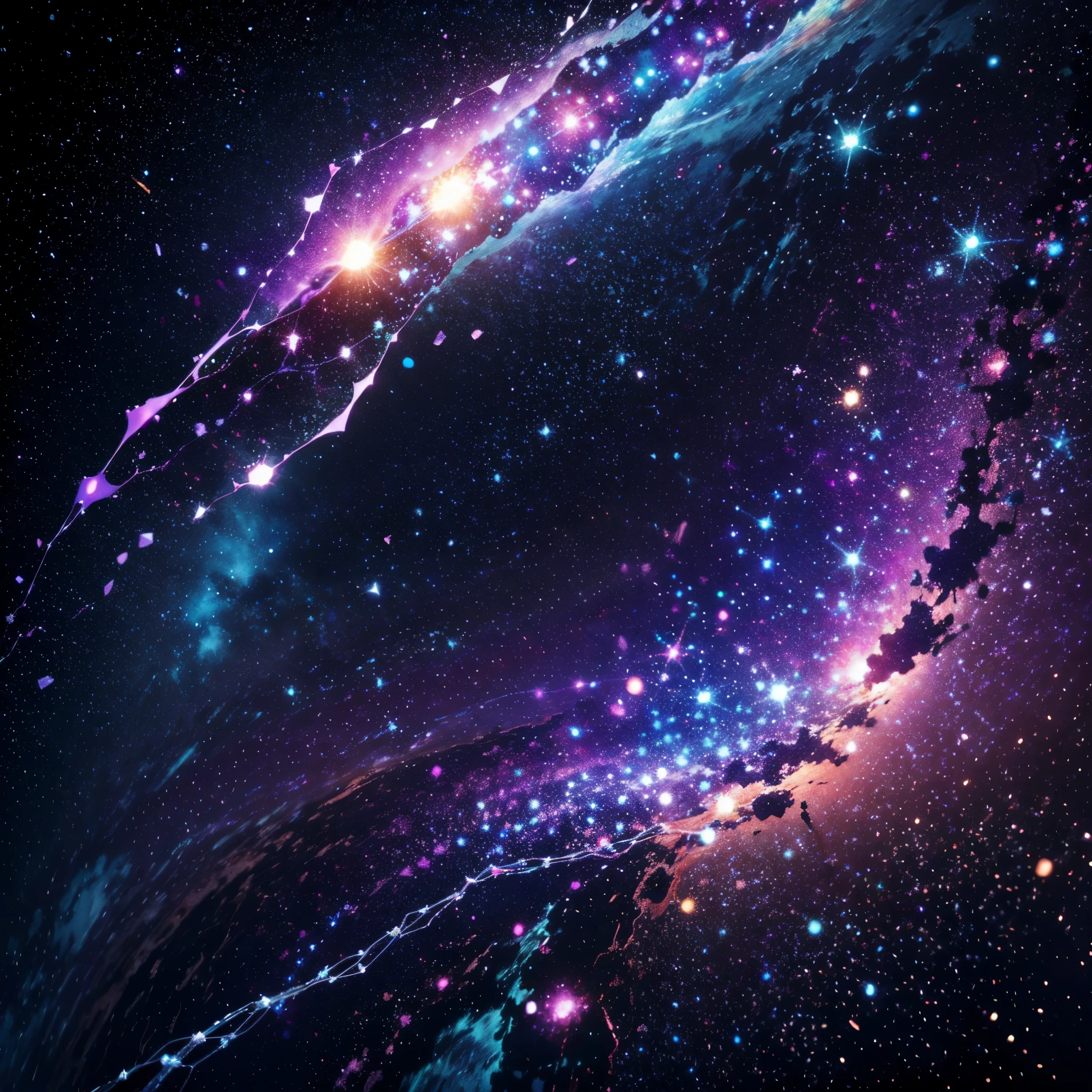 Closeup image of sugarchains being broken in the middle, with purplish liquid pouring of them (imagination); cosmic background