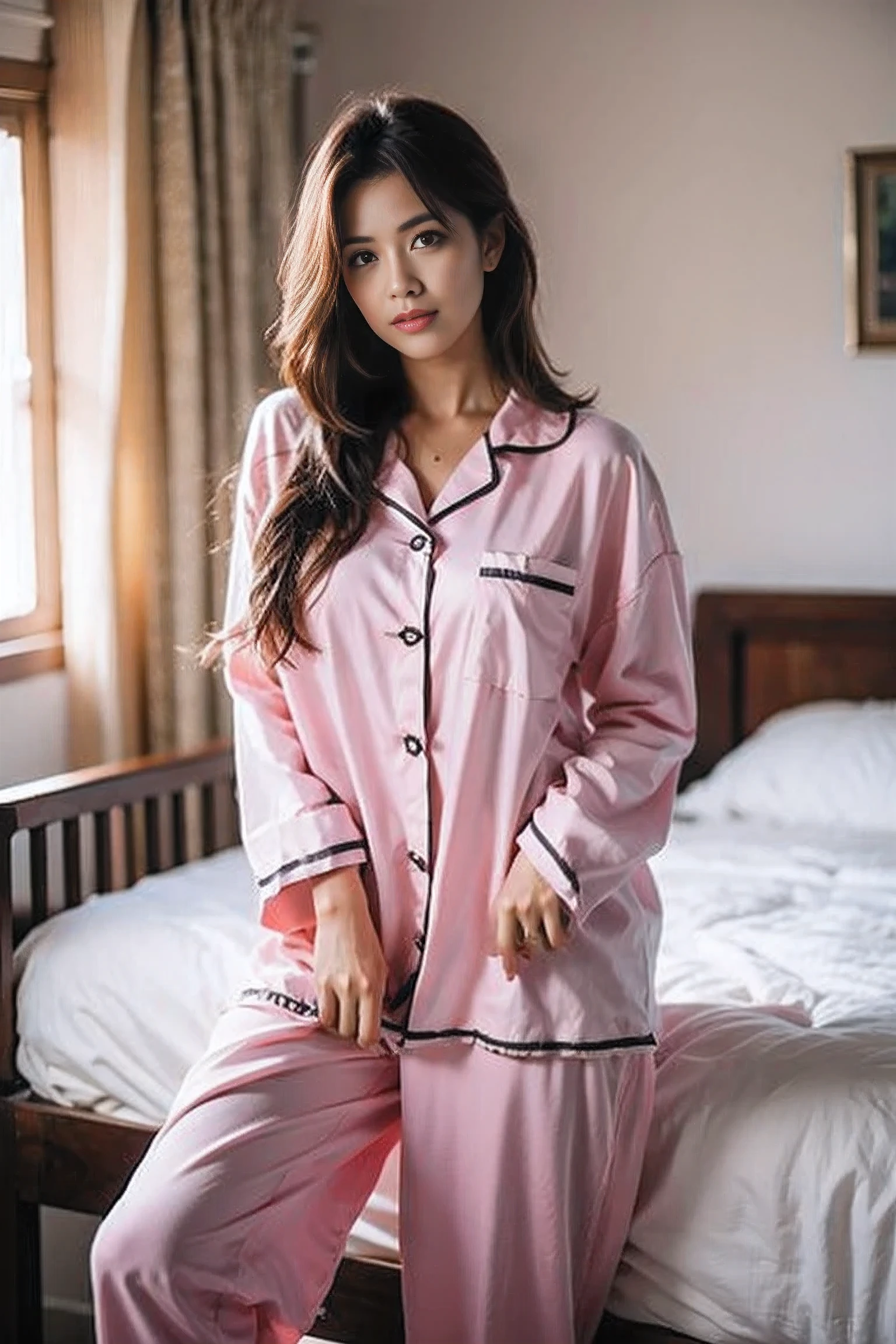 Realistic Photography, 8k ,Beautiful Female Long hair ,cute Pajamas ,bedroom