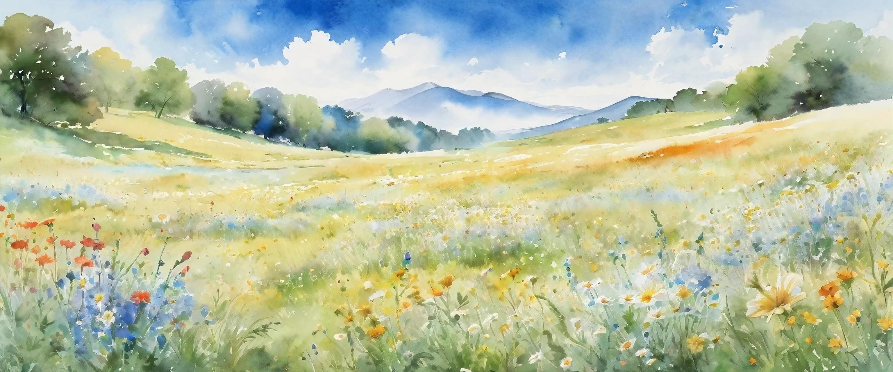 masterpiece、A flower-filled meadow, blue sky,horn,Please create a watercolor-style depiction of horn from a side angle, excluding any depiction of a chair, with ample whitespace surrounding the entire horn to ensure a more complete composition.