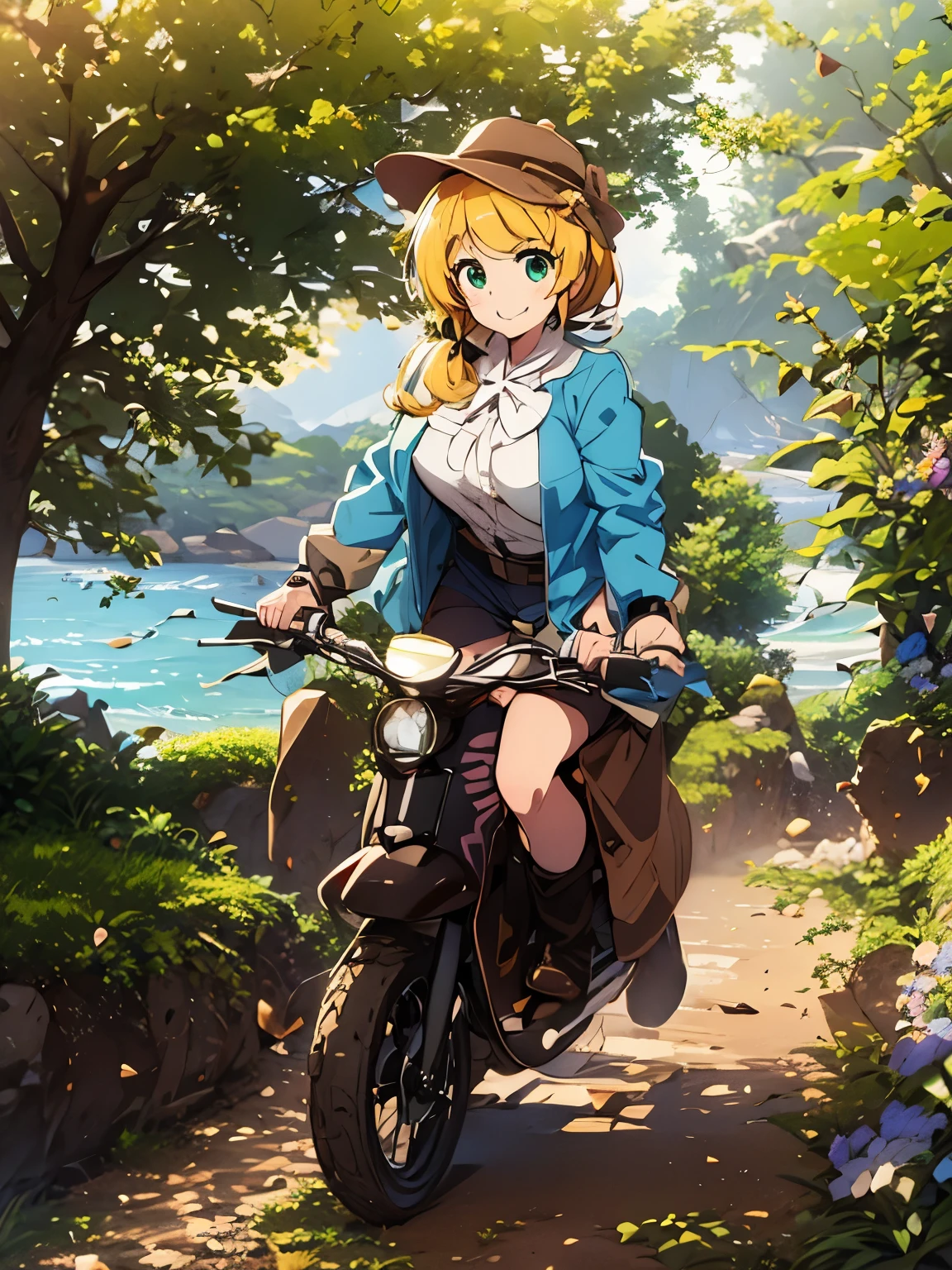 scooter bike, ride a bike,pretty girl, beautiful girl, beautiful顔, round eyes, highest quality, Super detailed, smile, belt, hat trunk case,steampunk, anime style, Ellen Baker, beautiful, green eyes, blonde hair, white shirt, bulge button, ((dark blue outerwear)), short span, ((brown span)), , cobblestone road,Landscape