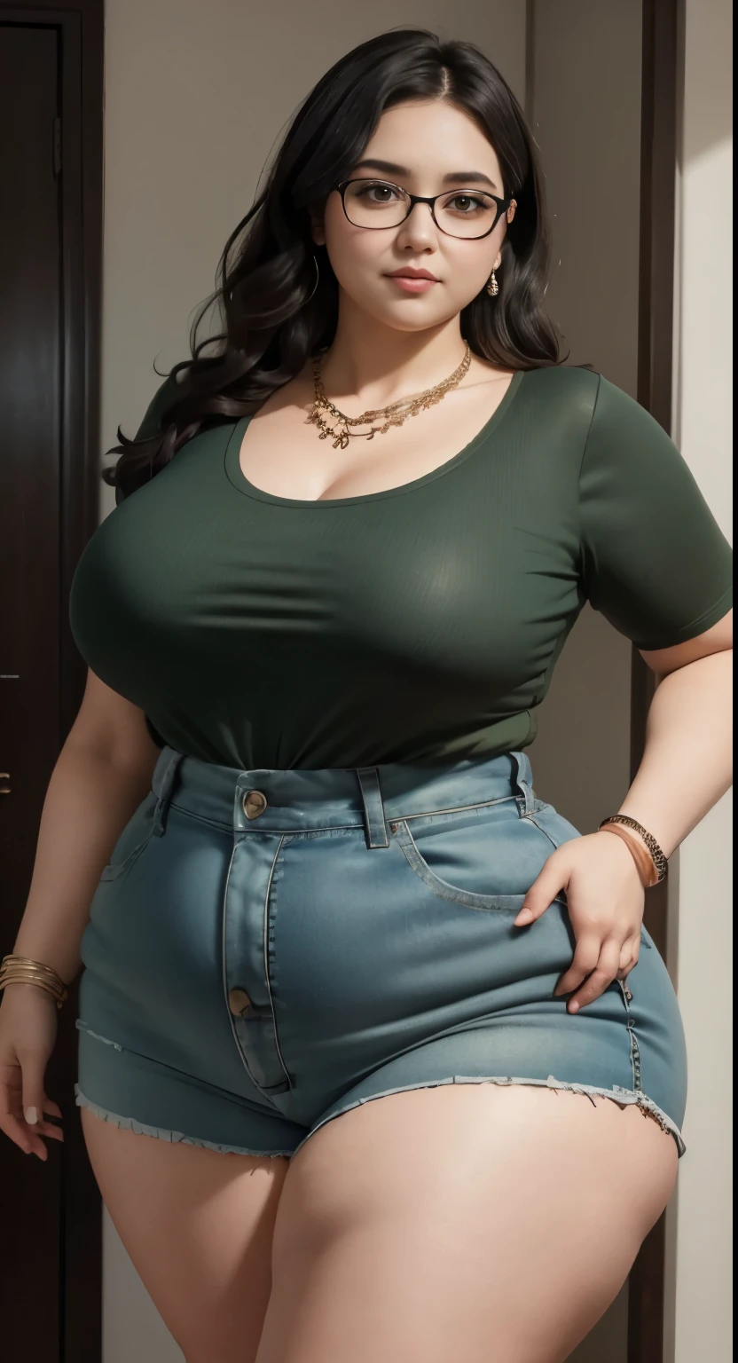((best quality)), ((masterpiece)), (detailed), perfect face, araffe woman in a long dark green shirt and 1/3 white denim skirt walking in black room , thicc, wavy short hair , she has a jiggly fat round belly, bbwchan, wearing tight simple clothes, skinny waist and thick hips, widest hips, her belly is fat and round, soft curvy shape, hyperrealistic full figure, wearing a cute top, wide hips, wearing 10 bracelet , wearing huge diamond necklace , slightly fat cheeks , glasses