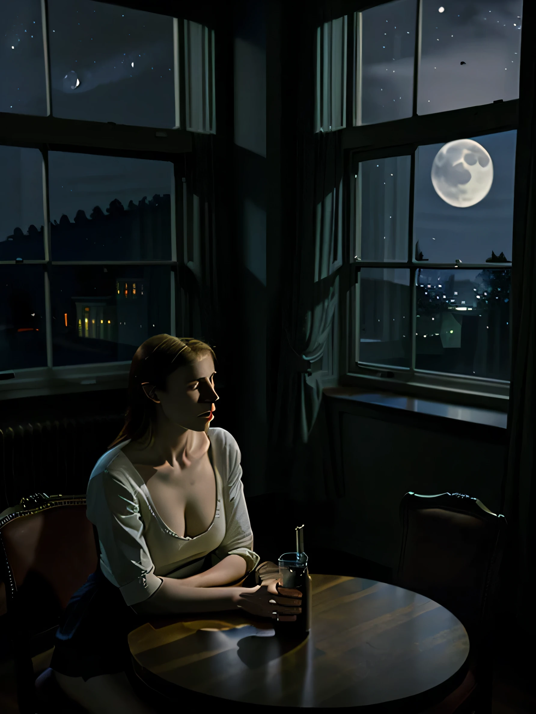 edward hopper style, man and woman at a table, night time, very large room, moonlight through the window