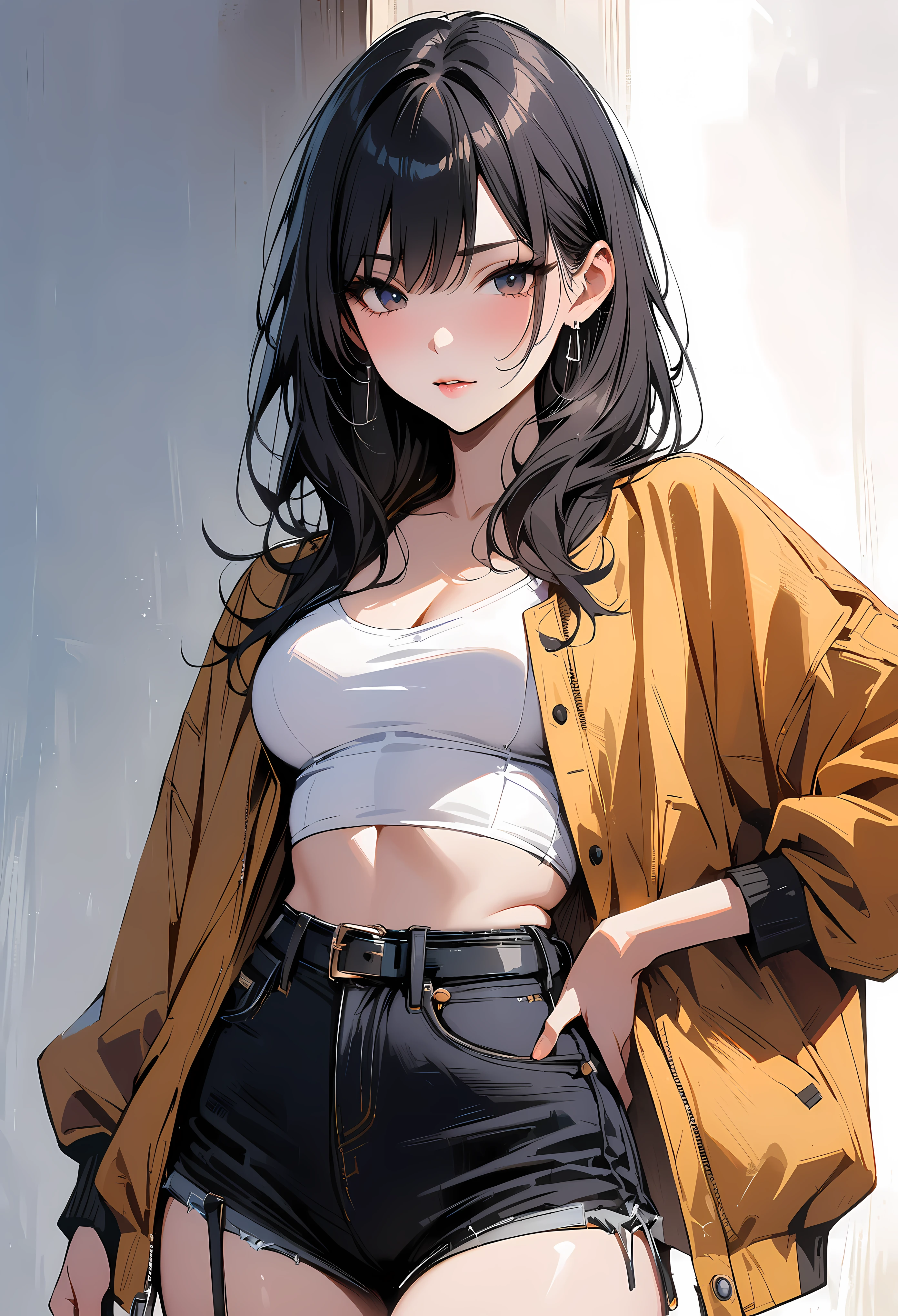 (masterpiece, best quality:1.2), 1 girl, alone , sexy , yellow jaket , cutoff-jeans , (cowboy shot) , black hair , white top