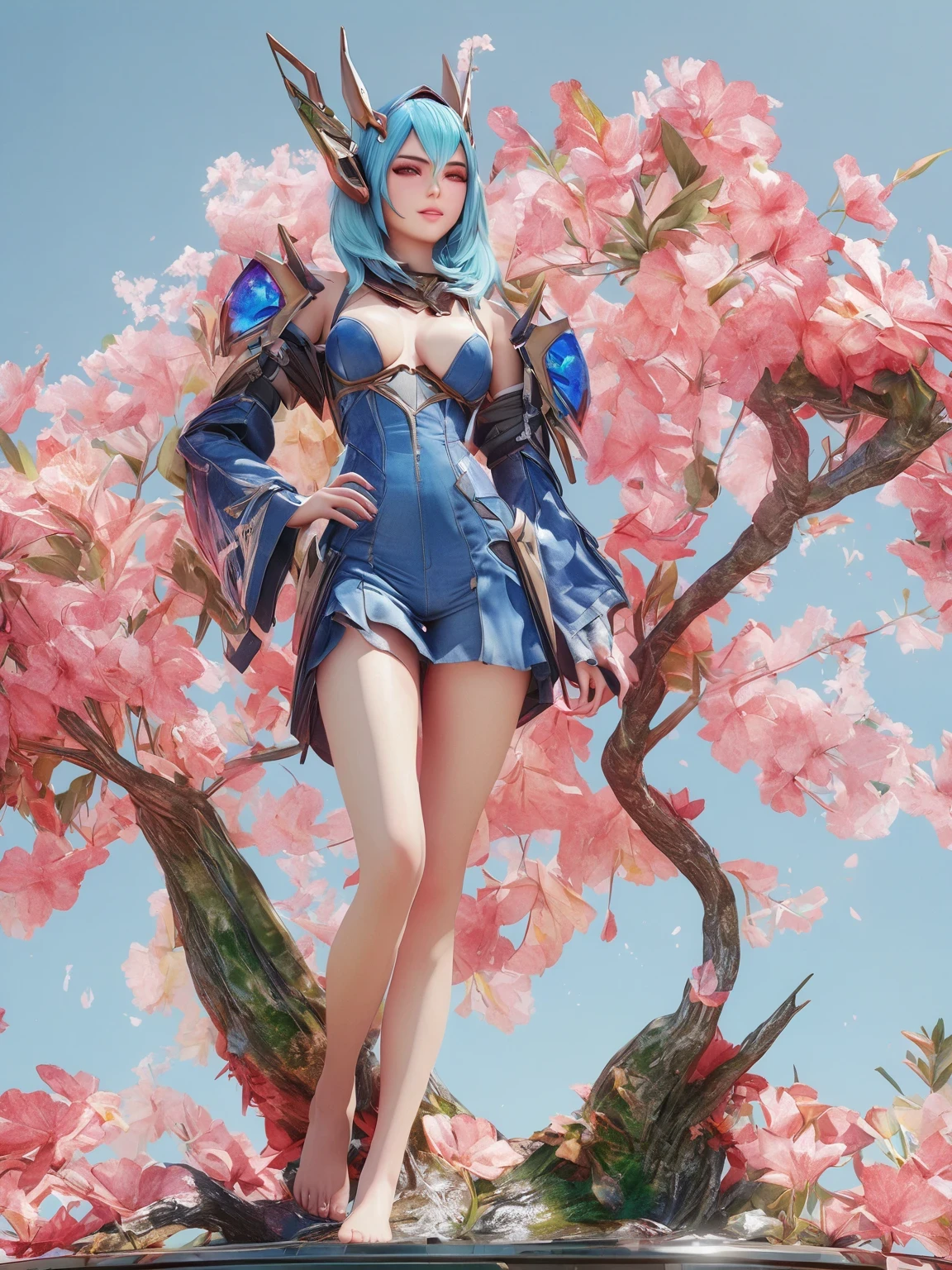 diy1,Highest quality, ultra-high definition, masterpieces, 8k, realistic, anime styled, 3d render,there is a woman in a blue suit standing in a field of flowers, alien flora and fauna, alien flora, of a beautiful saryn warframe, barefoot beautiful girl alien, female alien, exotic alien flora, alien plants, epic fantasy sci fi illustration, alien plant from alpha centauri, alien plant, epic fantasy digital art style, of a beautiful female warframe