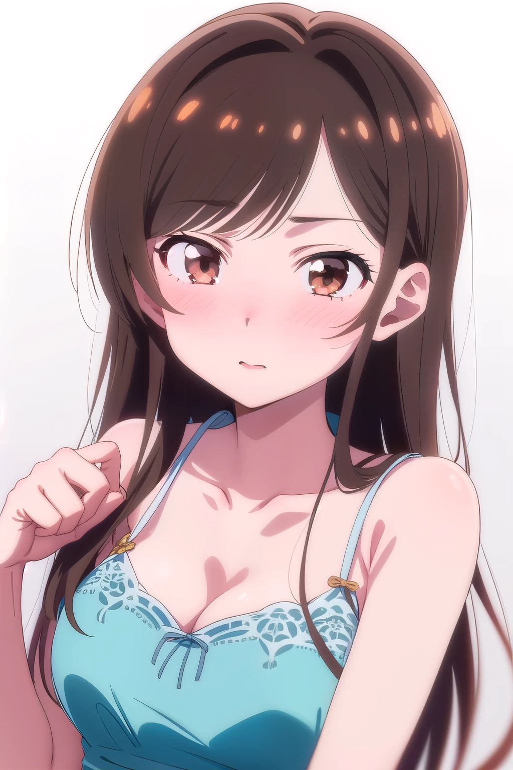 (1 girl), (detailed brown eyes), (Intricate iris detailing), (front), (girl with blush in dress), (Lower your eyes), (Chizuru Mizuhara), (White background)