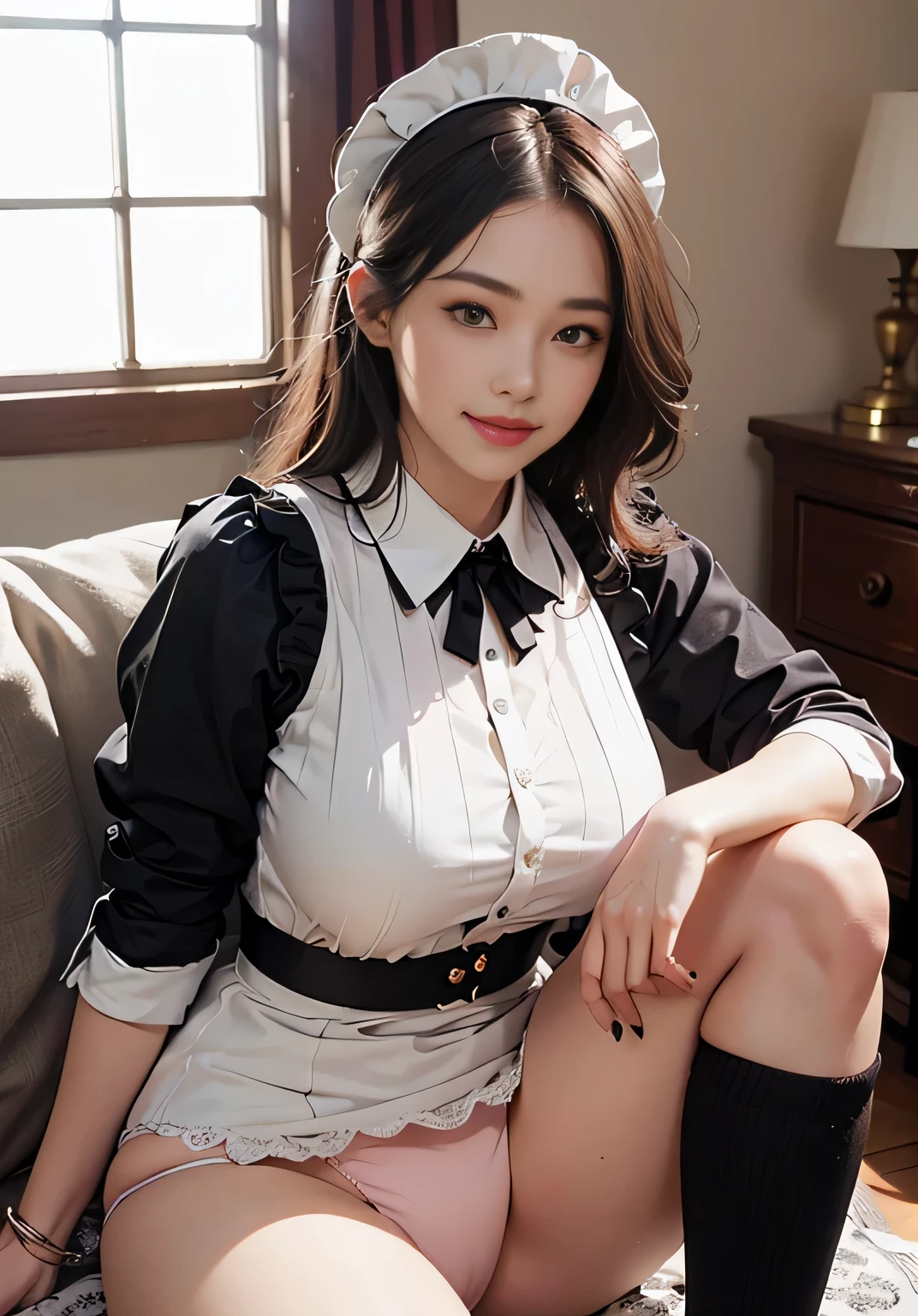 (8K, Raw photo, best quality, muste piece:1.2), High-definition RAW color photo, professional photos, (Reality, realistic photo:1.37), ((best quality)), 20-year-old Korean beauty, cinematic light, (Beautiful face with double eyelids:1.2), (muste piece:1.5), (best quality:1.2), (mole:0.5), (smiling:1.2), (Looking at Viewer:1.2), sit with one knee up,Her skirt is lifted and her panties are visible., Ruffles and pink panties, Panties fully visible, (black and white detailed maid outfit:1.2),long beautiful legs,big breasts,(Beautiful face brightly lit by natural light),seaweed