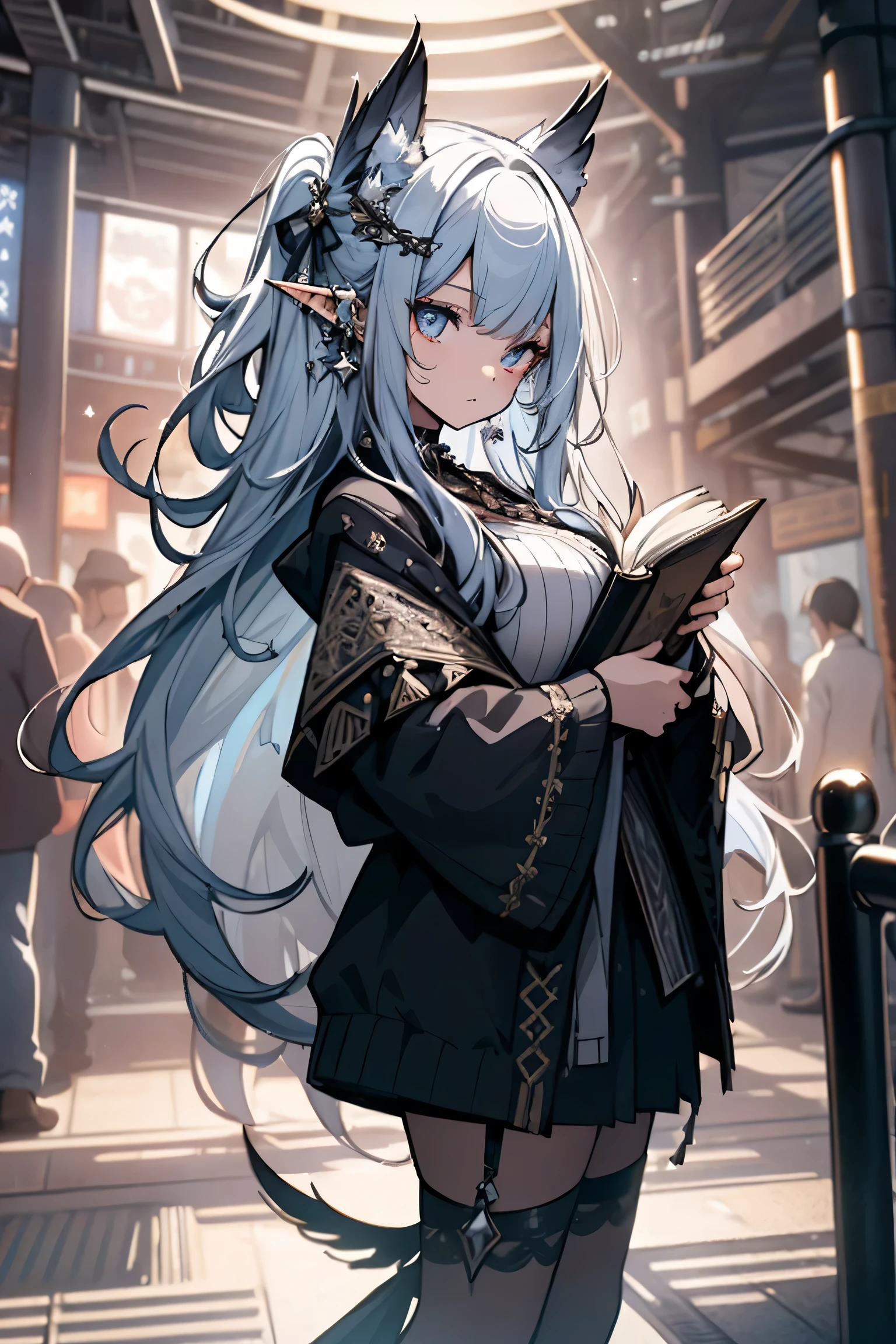 (masterpiece, best quality, Extremely detailed CG, Beautiful and delicate eyes, Super detailed, intricate details:1.2), 8k wallpaper, Well-designed features, (1 girl, alone:1.4), long hair, striped hair, Elf, looking at the audience, blue eyes, earrings, underwear, ankle bracelet, Big breasts, arcane, necklace,stick, Serious, blue flame, feather, bird,Surrounded by magic,magic wand, magic ball, Book,Pages fly into the sky,magic circle,spell, night, dark