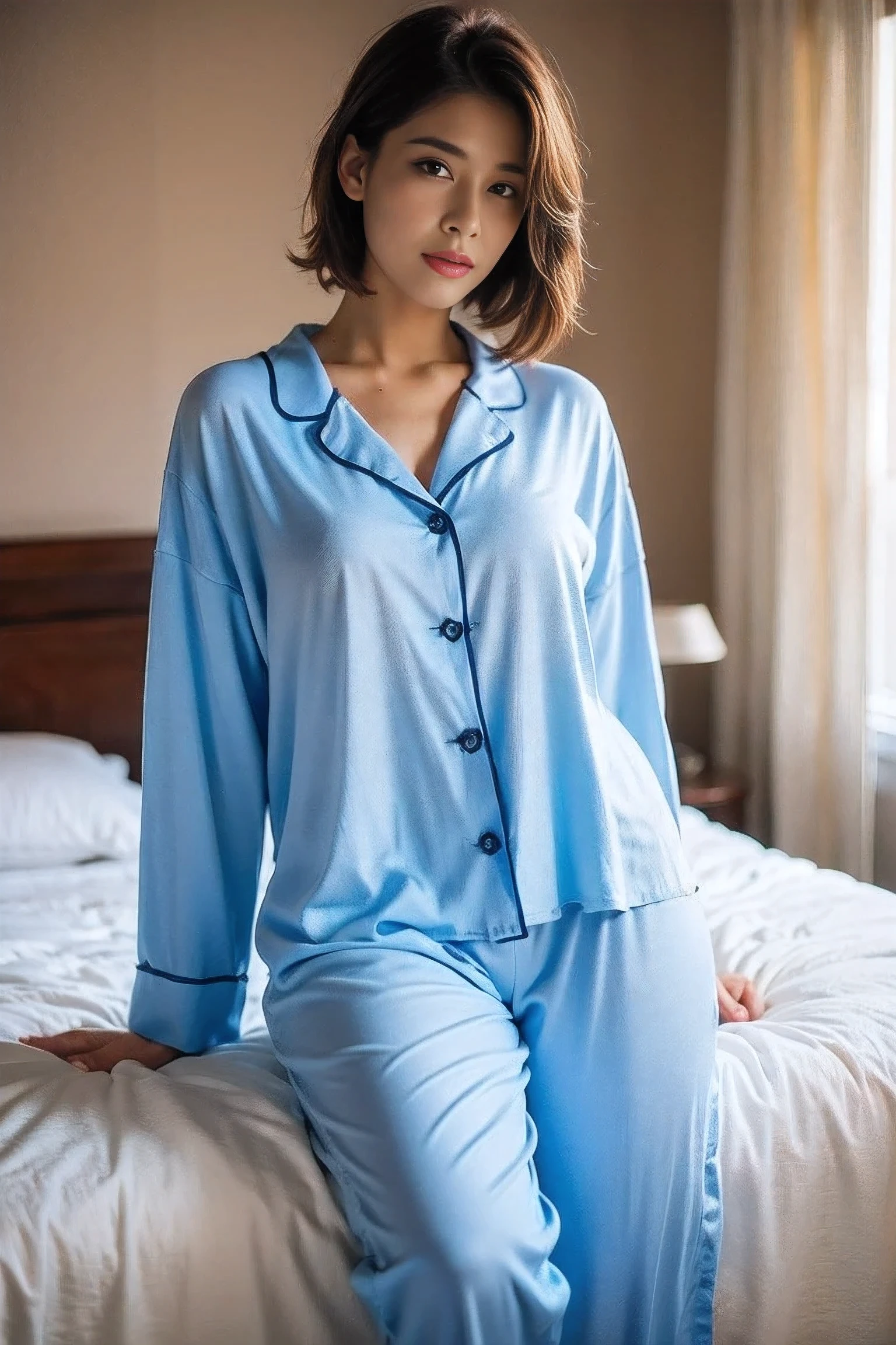 Realistic Photography, 8k ,Beautiful Young Female Short hair ,cute Pajamas ,bedroom