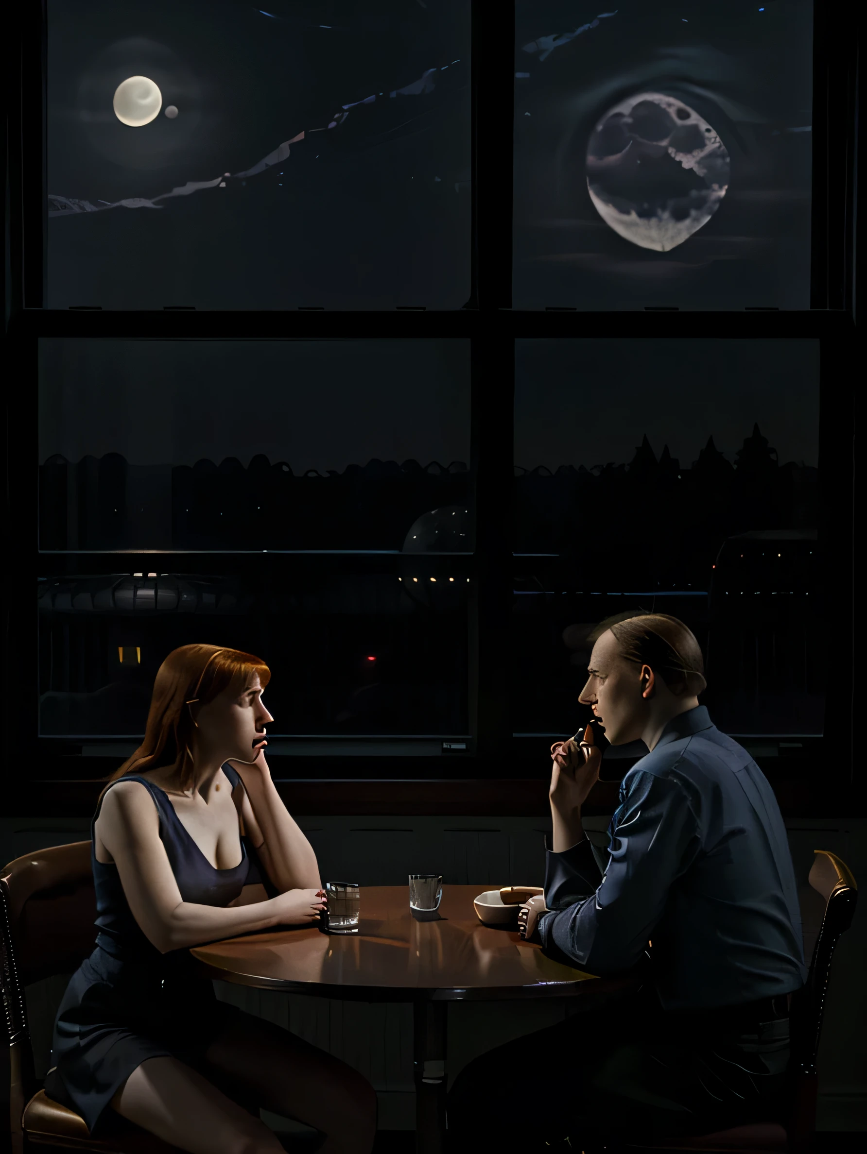 edward hopper style, man and woman at a table, woman is closer to the camera, night time, very large room, moonlight through the window