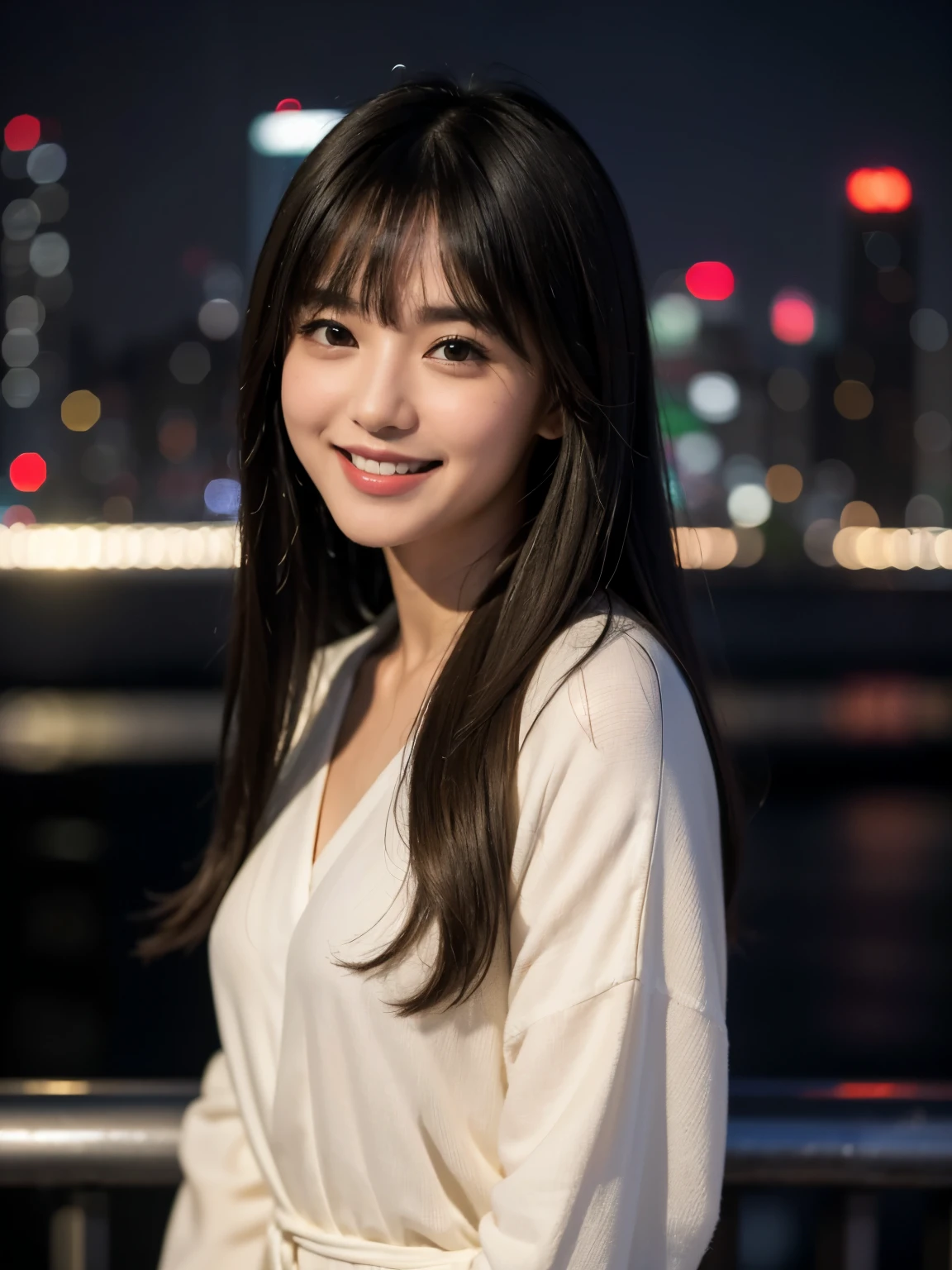 (highest quality,masterpiece:1.3,ultra high resolution),(Super detailed,caustics),(realistic:1.4,RAW shooting),1 girl,flat bangs、look at the camera with a smile、Tokyo night skyline、illumination、Blurred background