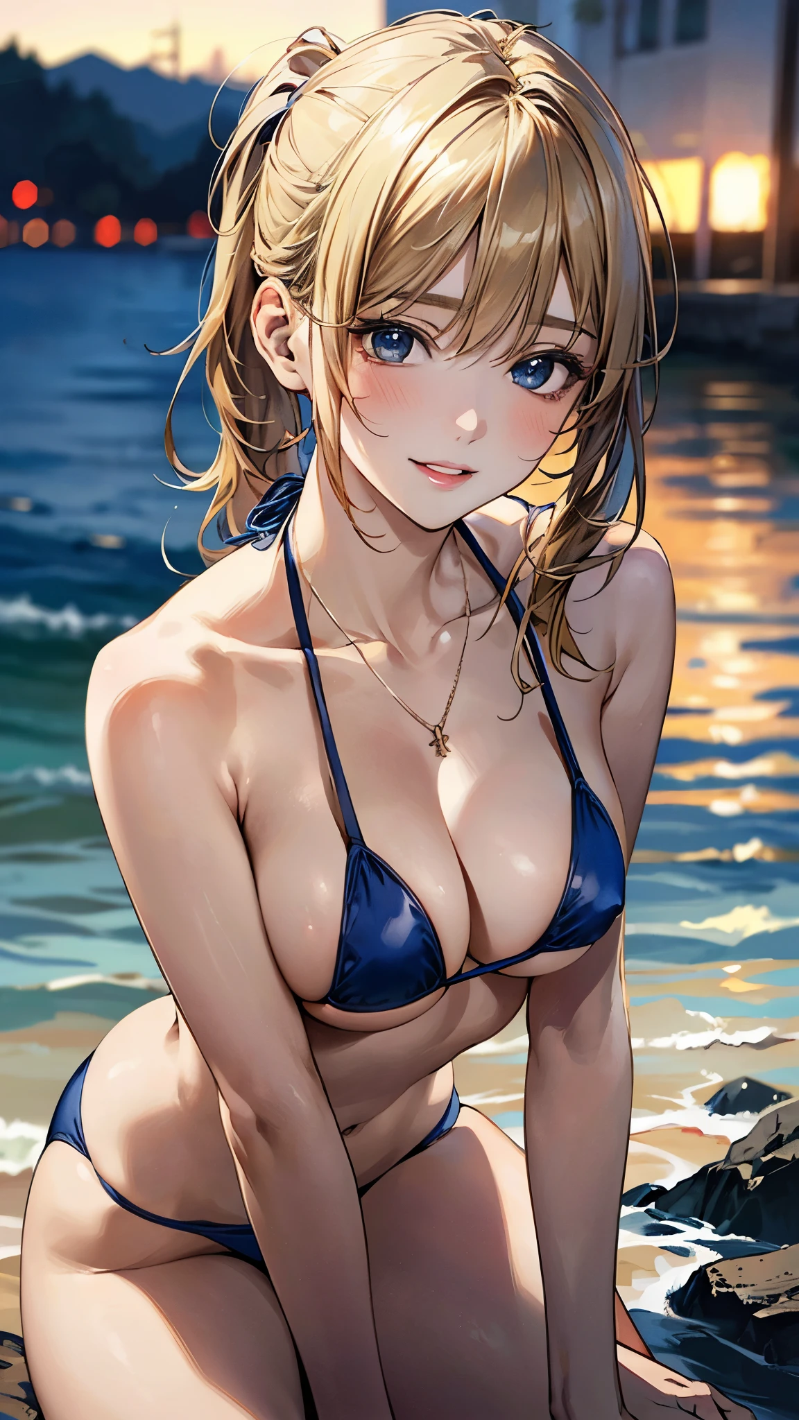 (masterpiece:1.3, top-quality, ultra high res, ultra detailed), (realistic, photorealistic:1.4), beautiful illustration, perfect lighting, natural lighting, colorful, depth of fields, nfsw,
looking at viewer, (pov, close shot), 1 girl, japanese, high school girl, perfect face, cute and symmetrical face, shiny skin, tanned skin
(long hair:1.2, side ponytail:1.2, (blonde hair)), blue eyes, (large breasts, seductive thighs), thighs,
beautiful hair, beautiful face, beautiful detailed eyes, beautiful clavicle, beautiful body, beautiful chest, beautiful thigh, beautiful legs, beautiful fingers,
((navy micro bikini)), necklace, hair ornament,
(beautiful scenery), evening, (Uninhabited islands), (sexy pose, dynamic pose, female masturbation), (seductive smile, upper eyes, parted lips),