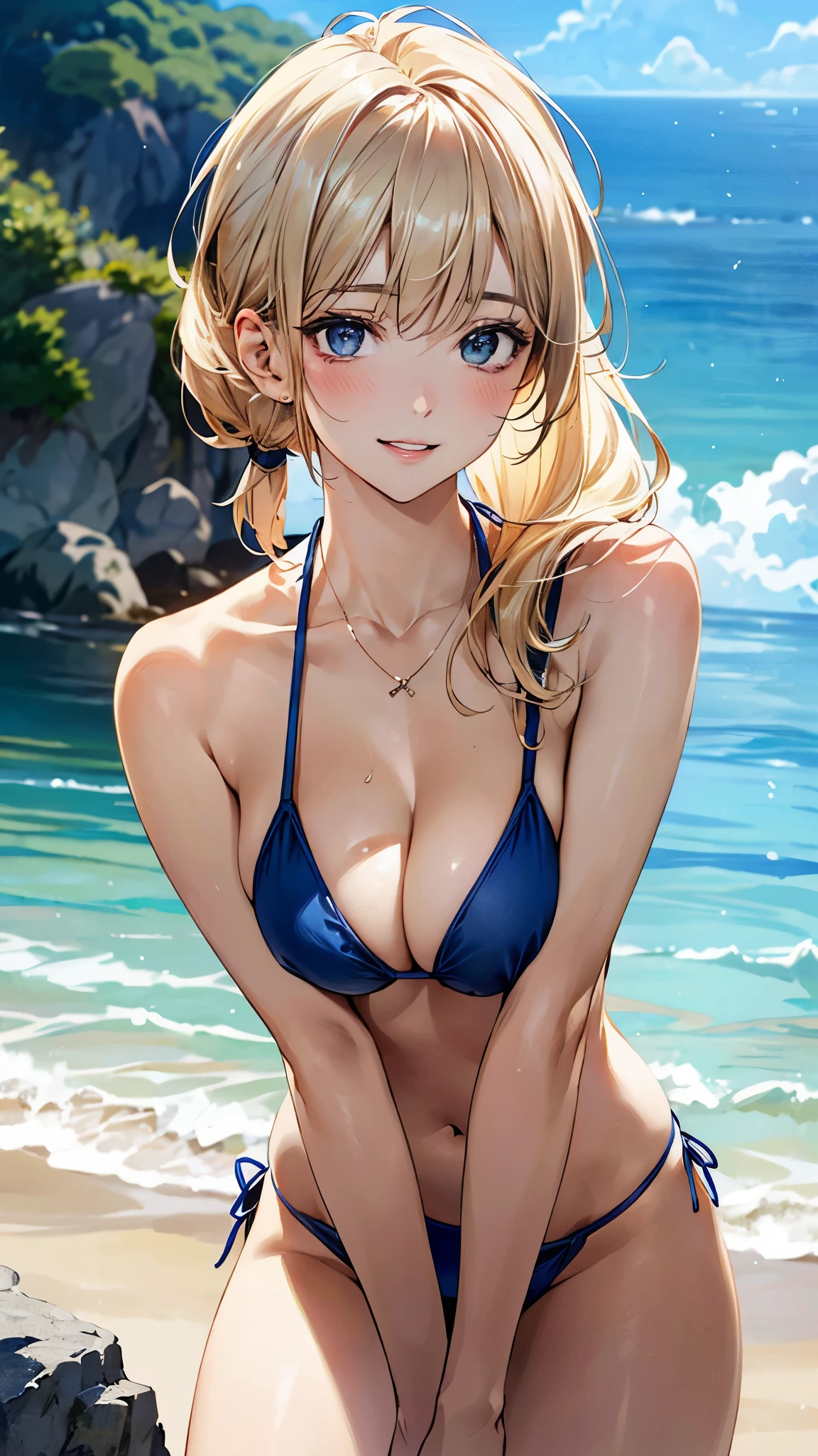 (masterpiece:1.3, top-quality, ultra high res, ultra detailed), (realistic, photorealistic:1.4), beautiful illustration, perfect lighting, natural lighting, colorful, depth of fields, nfsw,
looking at viewer, (pov, close shot), 1 girl, japanese, high school girl, perfect face, cute and symmetrical face, shiny skin, tanned skin
(long hair:1.2, side ponytail:1.2, (blonde hair)), blue eyes, (large breasts, seductive thighs), thighs,
beautiful hair, beautiful face, beautiful detailed eyes, beautiful clavicle, beautiful body, beautiful chest, beautiful thigh, beautiful legs, beautiful fingers,
((navy micro bikini)), necklace, hair ornament,
(beautiful scenery), evening, (Uninhabited islands), (sexy pose, dynamic pose, female masturbation), (seductive smile, upper eyes, parted lips),