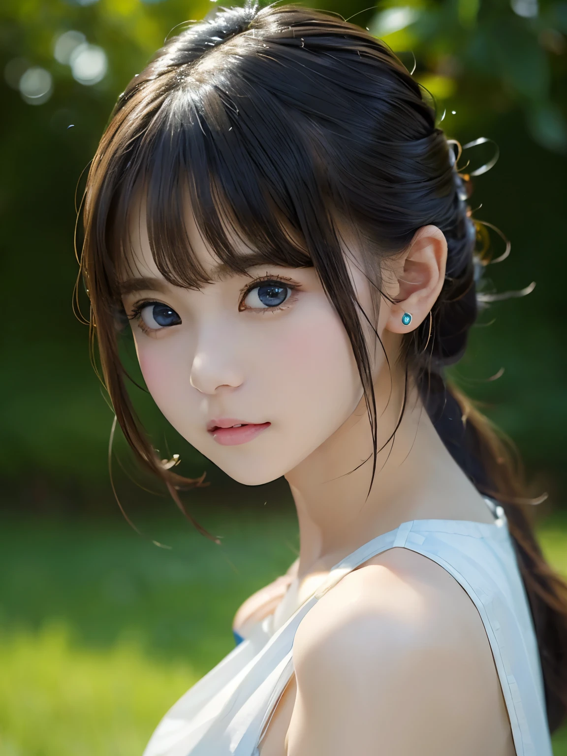 grassland、(You can see both sides:1.6)、(from the chest up:1.6)、laughter、Close-up portrait of a girl wearing white sleeveless top dress and earrings, soft portrait shot 8k, nice delicate face, High quality 4K portraits, high quality portrait, soft and perfect white skin, 8K highly detailed face, beautiful and delicate face, beautiful light big eyes, beautiful and realistic face, with a beautiful girl, beautiful and realistic face, cute girl