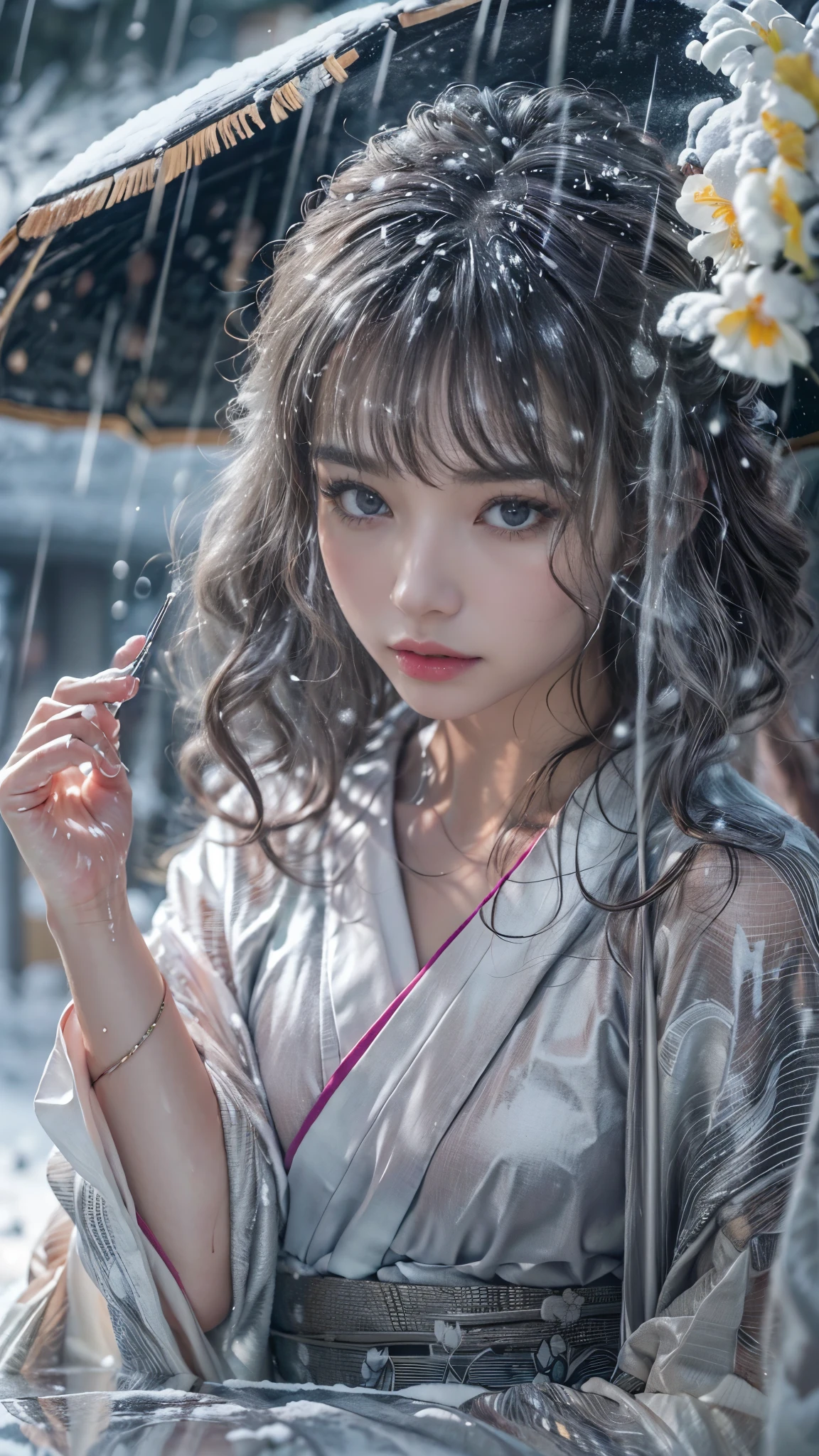 (RAW shooting, Photoreal:1.5, 8K, highest quality, masterpiece, ultra high resolution), ((((heavy snow, Blizzard)))), Highly detailed skin and facial textures:1.2, perfect dynamic composition:1.2, (In front of a shrine at night in a modern city, expression of sadness:0.9, Holding a bouquet of wet lilies:1.2, cry with a broken heart:0.9), Slim office lady wet in the rain:1.3, cowboy shot, Fair skin:1.2, sexy beauty:1.1, perfect style:1.2, beautiful and aesthetic:1.1, very beautiful face:1.2, water droplets on the skin, (rain drips all over my body:1.2, wet body:1.2, wet hair:1.3), (Professional kimono dressing, Wearing a wet silver kimono correctly:1.3), (Medium chest, Bra is sheer, Chest gap), (Eyes that feel beautiful eros:0.9, Too erotic:0.9, Bewitching:0.9), necklace, earrings, bracelet, wedding ring, Highly detailed hand and finger expressions
