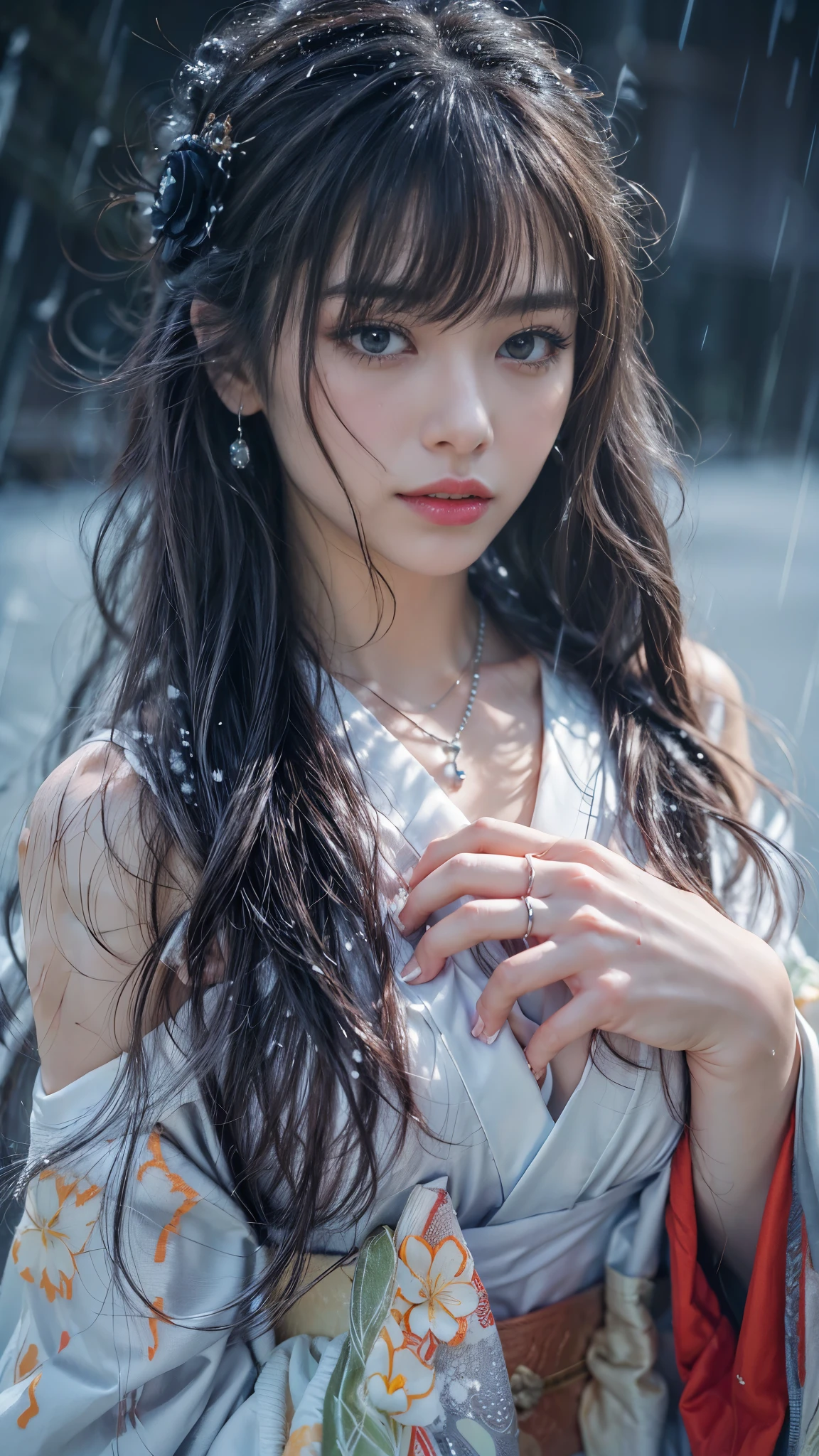 (RAW shooting, Photoreal:1.5, 8K, highest quality, masterpiece, ultra high resolution), ((((heavy snow, Blizzard)))), Highly detailed skin and facial textures:1.2, perfect dynamic composition:1.2, (In front of a shrine at night in a modern city, expression of sadness:0.9, Tears are flowing:0.9, cry with a broken heart:0.9), Slim office lady wet in the rain:1.3, cowboy shot, Fair skin:1.2, sexy beauty:1.1, perfect style:1.2, beautiful and aesthetic:1.1, very beautiful face:1.2, water droplets on the skin, (rain drips all over my body:1.2, wet body:1.2, wet hair:1.3), (Professional kimono dressing:1.1, Holding a bouquet of wet lilies:1.2, Wearing a wet silver kimono correctly:1.3), (Medium chest, Bra is sheer, Chest gap), (Eyes that feel beautiful eros:0.9, Too erotic:0.9, Bewitching:0.9), necklace, earrings, bracelet, wedding ring, Highly detailed hand and finger expressions