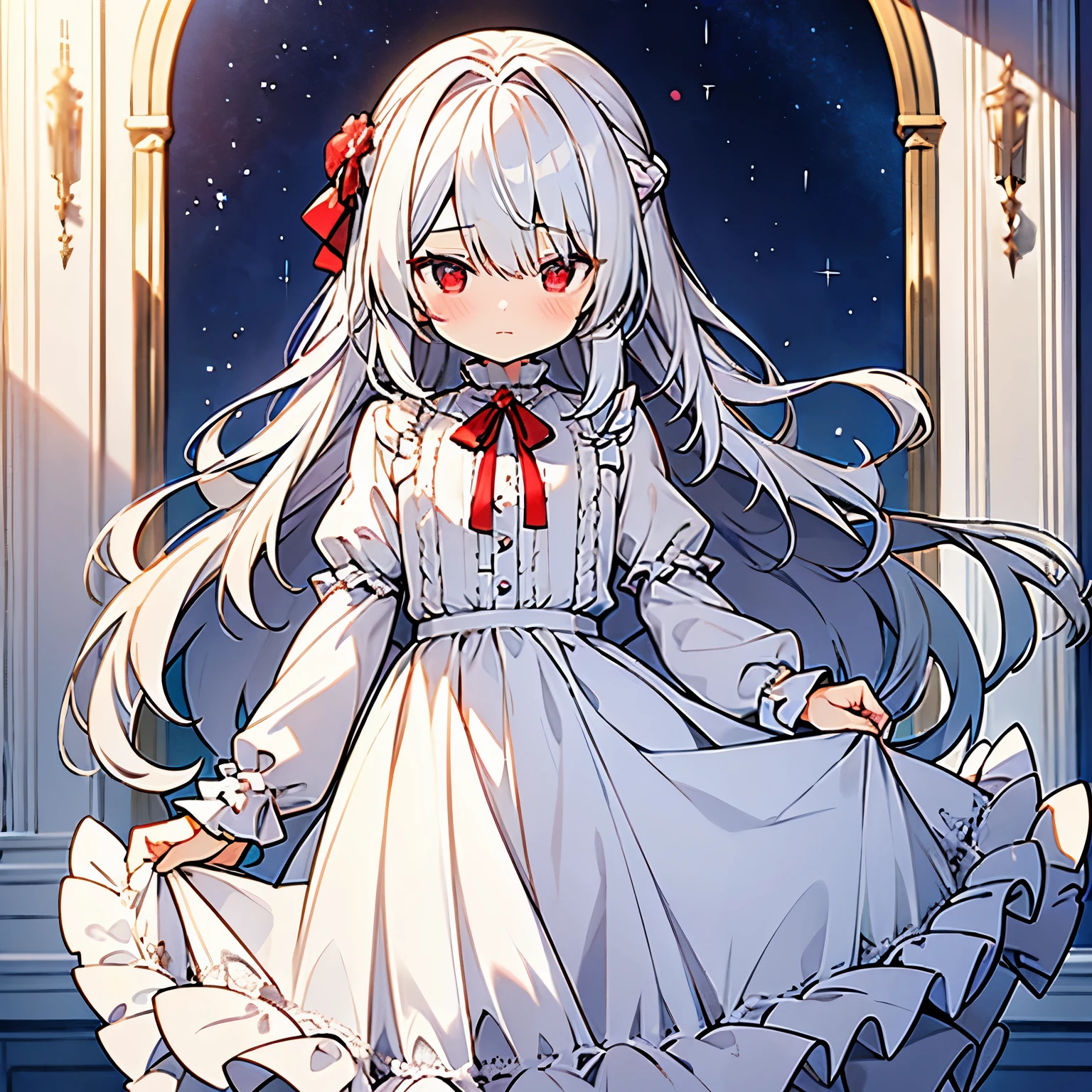 flat-chest beautiful boy, cuteness, (((front frill long sleeve shirt))),silver long hair,red eye,long skirt,noble、precious、(hem frilled clothes),