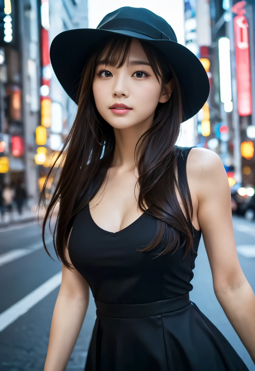 (((City:1.3, outdoor, Photographed from the front))), ((long hair:1.3, black dress, hat,japanese woman, cute)), (clean, natural makeup), (highest quality, masterpiece:1.3, 超High resolution), (Super detailed, caustics), (realistic:1.4, RAW shooting), very detailed, High resolution, 16K resolution