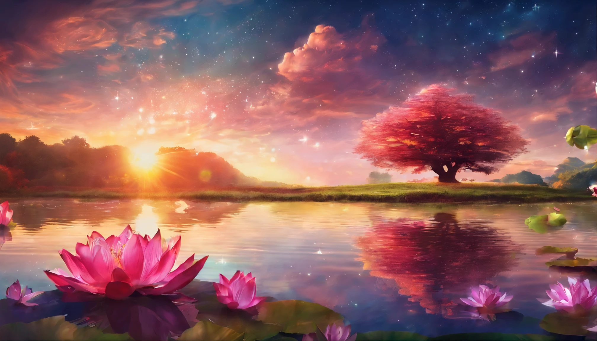 evening,sunset,country pond,lotus,lotus leaf,一朵含苞未开的lotus上有一只蜻蜓,ripple,Real light and shadow effects,8k,Super fine,Rich details,masterpiece