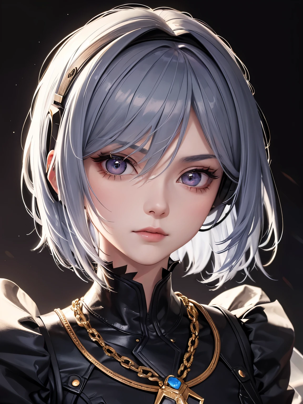 high resolution portrait。With a symmetrical face、Have clear, smooth skin and a radiant complexion。The facial features are well defined、High cheekbones、Straight nose、Characterized by plump lips。The eyes are large and expressive、Have long, thick eyelashes and perfectly groomed eyebrows。The makeup is modern and edgy.、Matte foundation、Berry blush、Strong contouring、metallic eyeshadow、Silver highlights、Wearing dark plum lipstick。Asymmetrical bob cut hairstyle、Wearing a modern ear cuff。The background is simple and elegant.、The focus is on her face.。The lighting is soft and inviting、Enhance her features、It gives an edgy impression.。