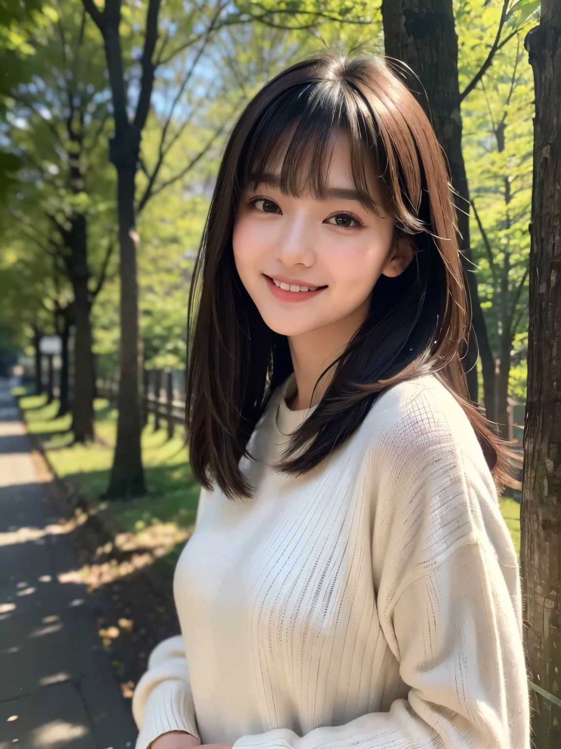 (highest quality,masterpiece:1.3,ultra high resolution),(Super detailed,caustics),(realistic:1.4,RAW shooting),1 girl,flat bangs、look at the camera with a smile、Japanese countryside streetscape、Blurred background、warm clothes、forest bathing