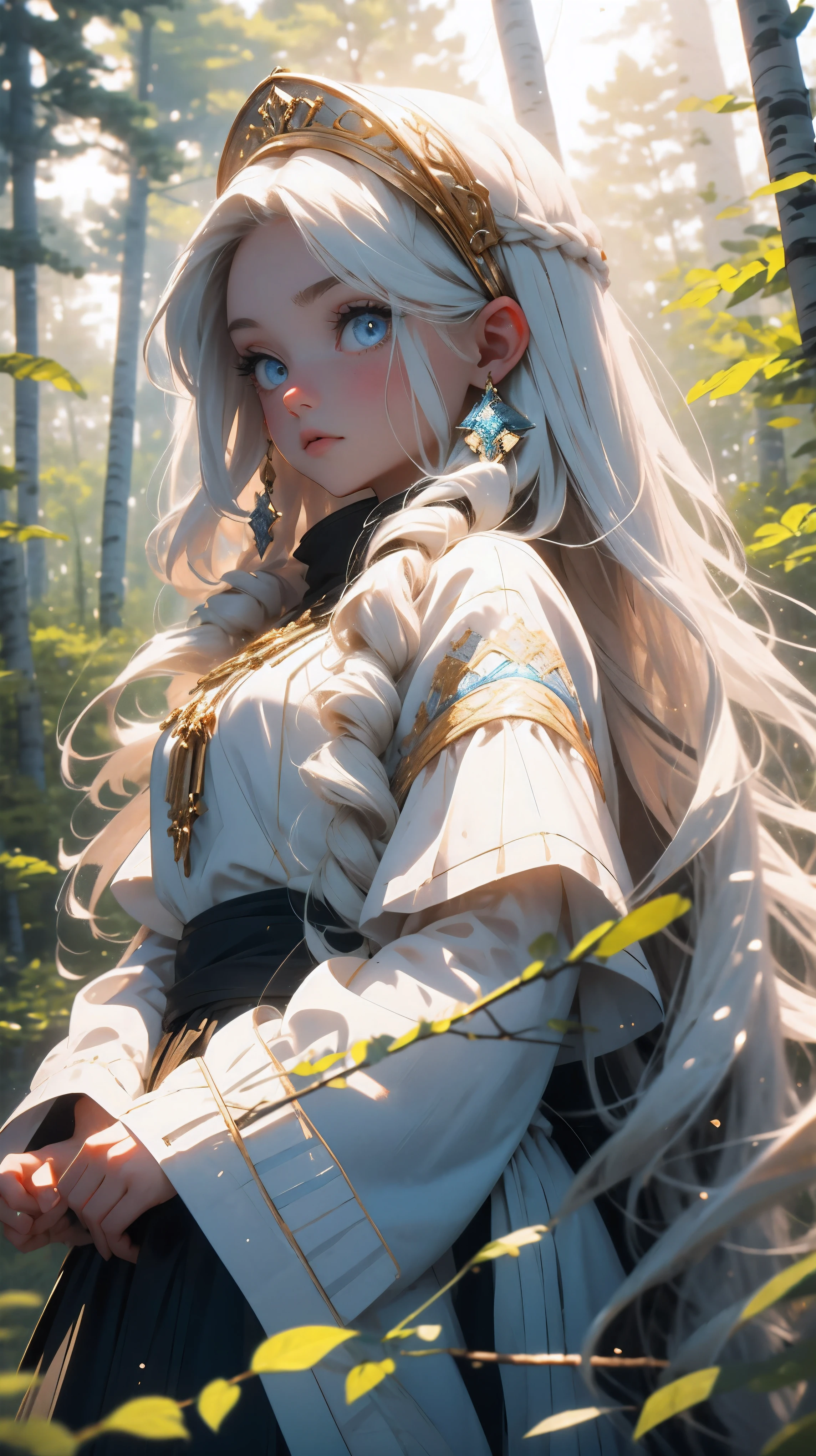 a very beautiful Slavic Ukrainian girl with long wavy white hair and blue eyes, village, early morning, forest with birch trees
\