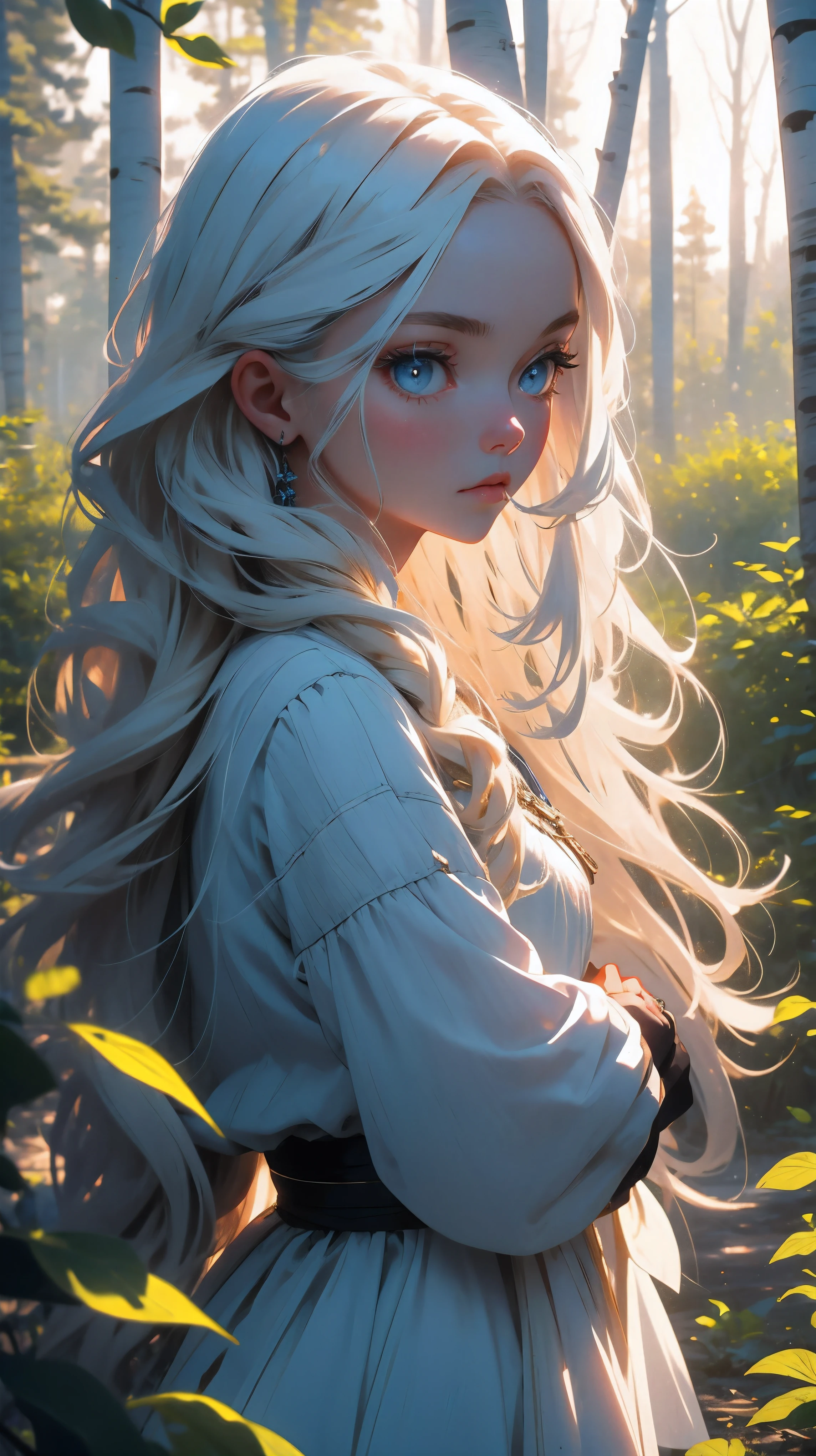 a very beautiful Slavic Ukrainian girl with long wavy white hair and blue eyes, village, early morning, forest with birch trees
\