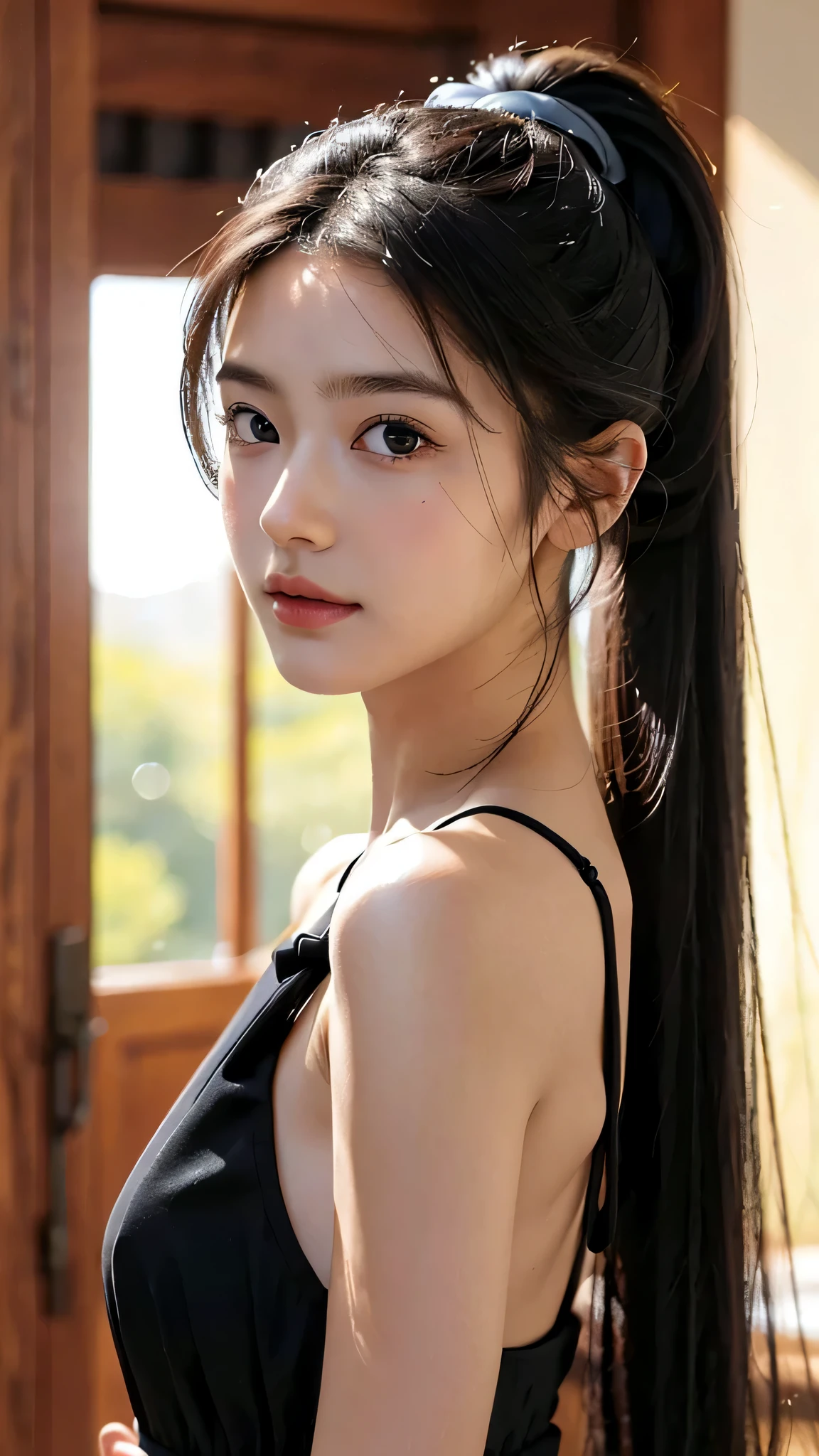 One woman,fully body photo,masutepiece, The highest image quality, High quality, the background is clear,Beautiful woman, Japanese, Detailed, Detailed eyes, Detailed skin, Beautiful skin, 超hight resolution, (reality: 1.4),Very beautiful woman, Slightly younger face, Beautiful skin, slender, (Ultra photo realsisim), (hight resolution), (8K), (Very detailed) (beautifully detailed eyes), (super detailed), (Detailed face), view the viewer, Fine details, Detailed face, Staring straight ahead, Staring straight ahead, photos realistic, Bright lighting, Professional Lighting, Black hair,poneyTail,a baby face,sixteen years old,Hairstyle is ponytail,long ponytail hairstyle,slight smile,Orange colored long dress with lots of ruffles, softly shaped skirt,Live venue,close up of face