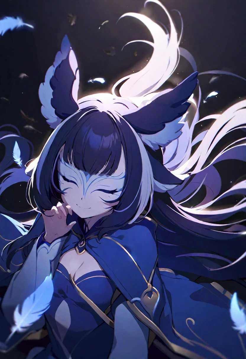(((shylily))),1girl, long hair, solo, closed eyes, eye_mask, head wings, hair ornament, blunt bangs, light blue spotlight shining down, feathers, dark, angel wings, falling feathers, evil, mysterious, over the shoulder pose, black background, wind, smiling, jacket