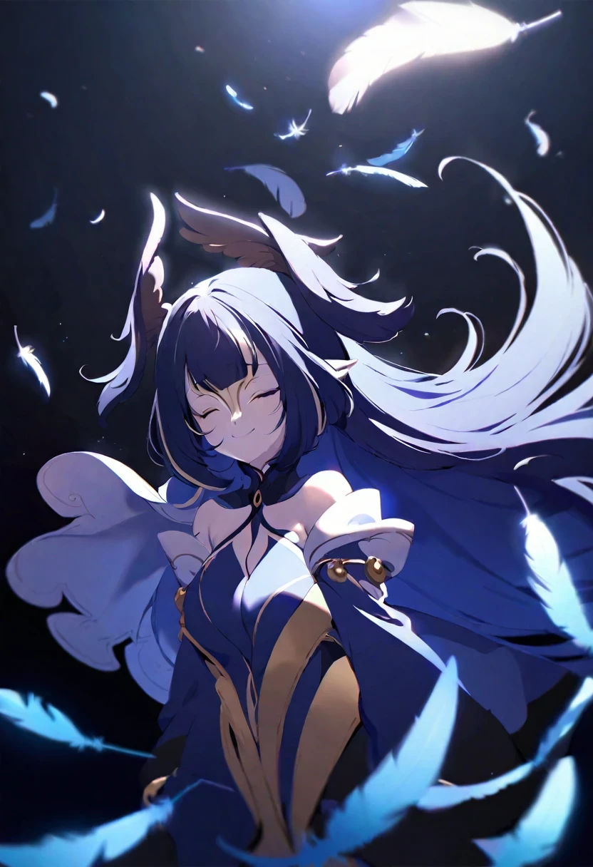(((shylily))),1girl, long hair, solo, closed eyes, eye_mask, head wings, hair ornament, blunt bangs, light blue spotlight shining down, feathers, dark, angel wings, falling feathers, evil, mysterious, over the shoulder pose, black background, wind, smiling, jacket