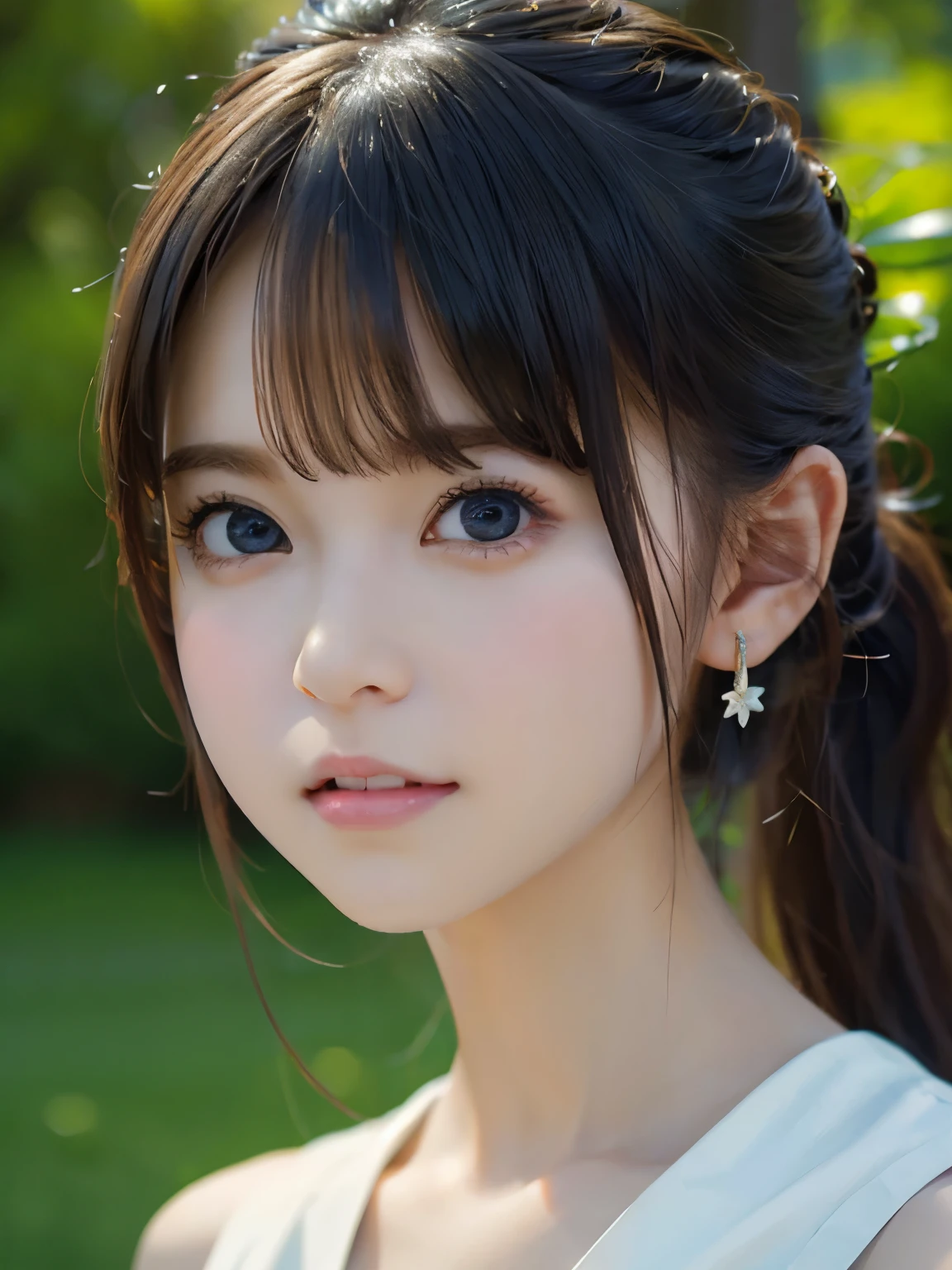 grassland、(You can see both sides:1.6)、(from the chest up:1.6)、laughter、Close-up portrait of a girl wearing white sleeveless top dress and earrings, soft portrait shot 8k, nice delicate face, High quality 4K portraits, high quality portrait, soft and perfect white skin, 8K highly detailed face, beautiful and delicate face, beautiful light big eyes, beautiful and realistic face, with a beautiful girl, beautiful and realistic face, cute girl