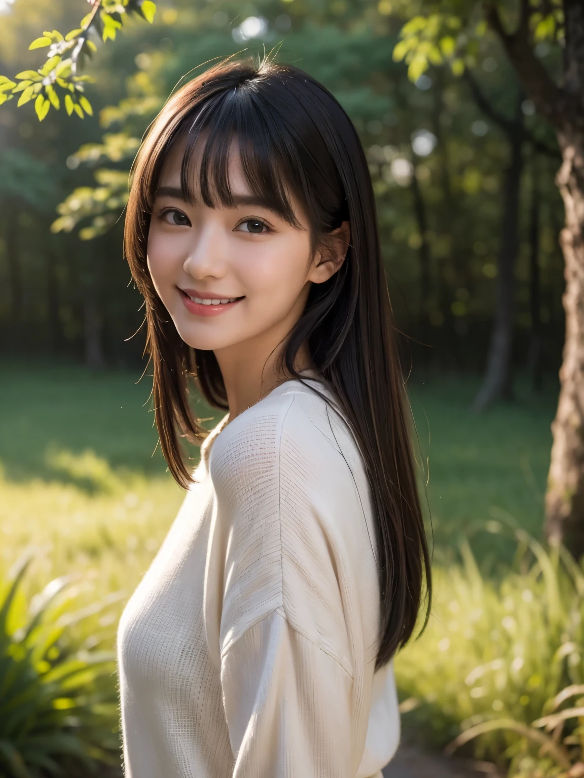 (highest quality,masterpiece:1.3,ultra high resolution),(Super detailed,caustics),(realistic:1.4,RAW shooting),1 girl,flat bangs、look at the camera with a smile、japanese countryside、Blurred background、warm clothes、forest bathing