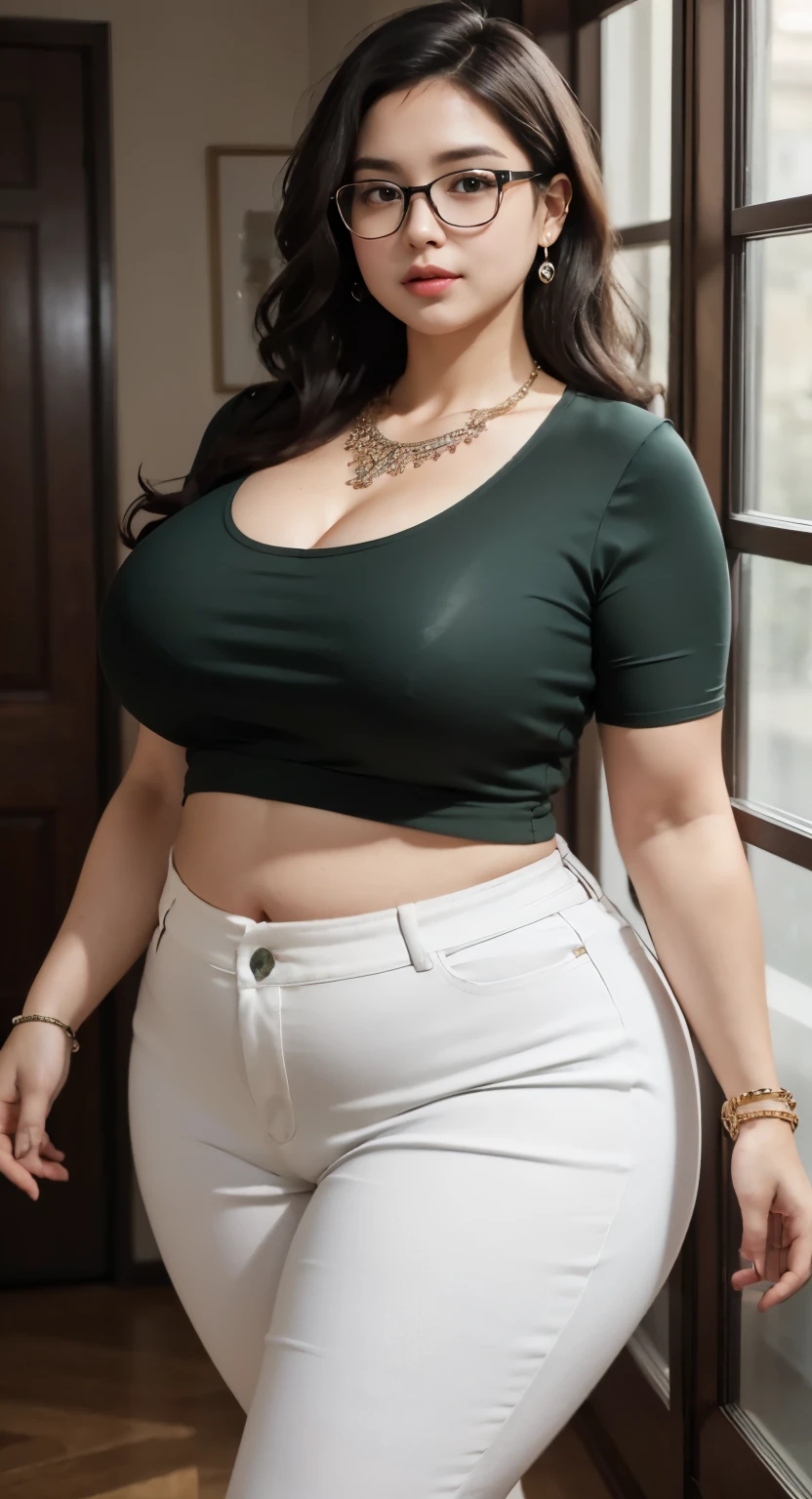 ((best quality)), ((masterpiece)), (detailed), perfect face, araffe woman in a long dark green shirt and 1/3 white denim skirt walking in black room , thicc,  wavy  short hair , she has a jiggly fat round belly, bbwchan, wearing tight simple clothes, skinny waist and thick hips, widest hips, her belly is fat and round, soft curvy shape, hyperrealistic full figure, wearing a cute top, wide hips, wearing 10 bracelet , wearing huge diamond necklace , slightly fat cheeks , glasses 