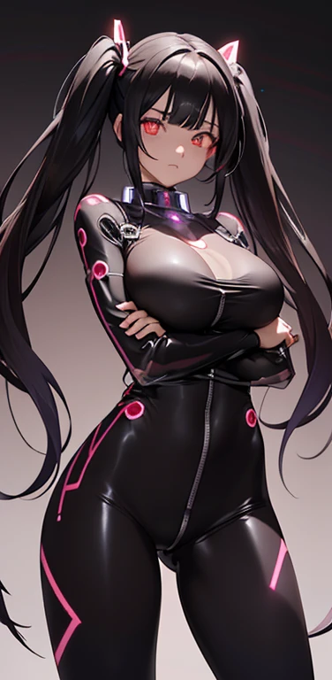 Realistic、1girl、black hair、(twintails),red eyes、(glowing eyes:1.3)、open stance,(breast hold)、(middle hair),(eye focus:1.3,cowboy shot),(gradient eyes:1.3),(enamel body suit:1.3
)、(clear face:1.3),cute face、,(tareme:1.3),(huge breasts),(dark color background:1.5)
