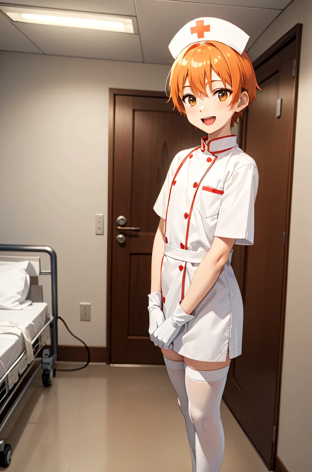 1boy, solo, male focus, nurse, white nurse cap, white nurse uniform, ((white legwear, zettai ryouiki)), white gloves, short hair, orange hair, smile, open mouth, standing, ((hospital room)), sharp outline, short sleeves, shota, , best quality, masterpiece